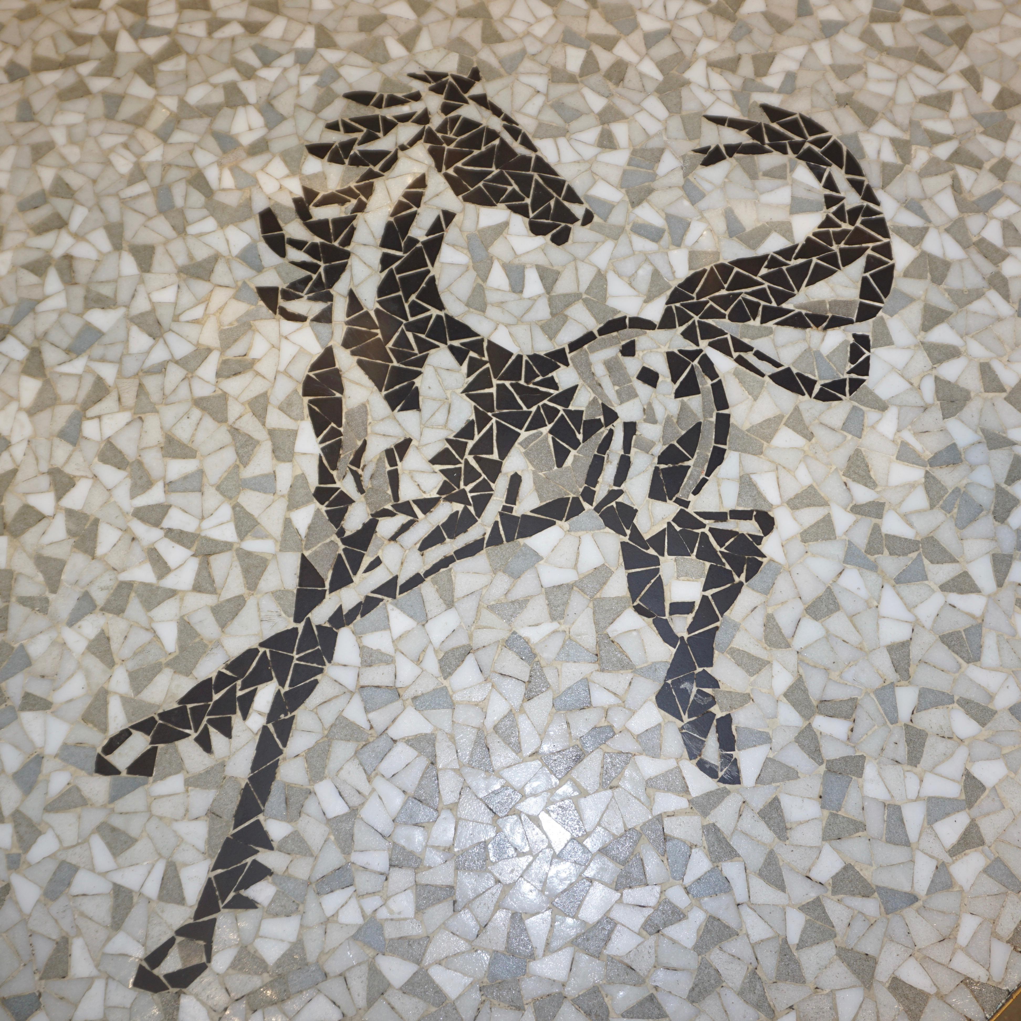 1953 Italian Vintage Black White Gray Horse Mosaic Brass Dining / Coffee Table For Sale 1