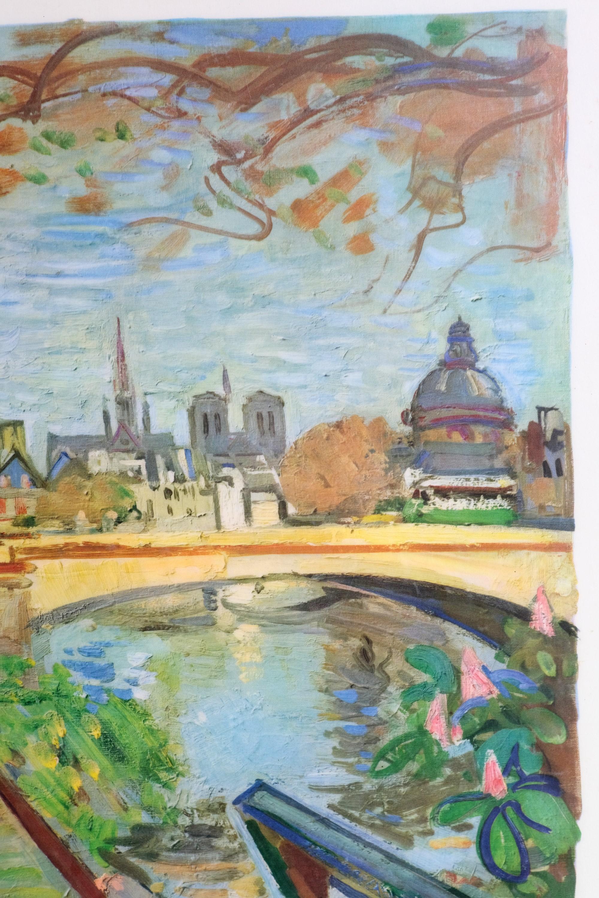 From Europe; a 1953 laminated poster of an impressionist Paris scene. Printing at bottom says National Society of French Railroads. Please note, this item is located in one of our NYC locations.