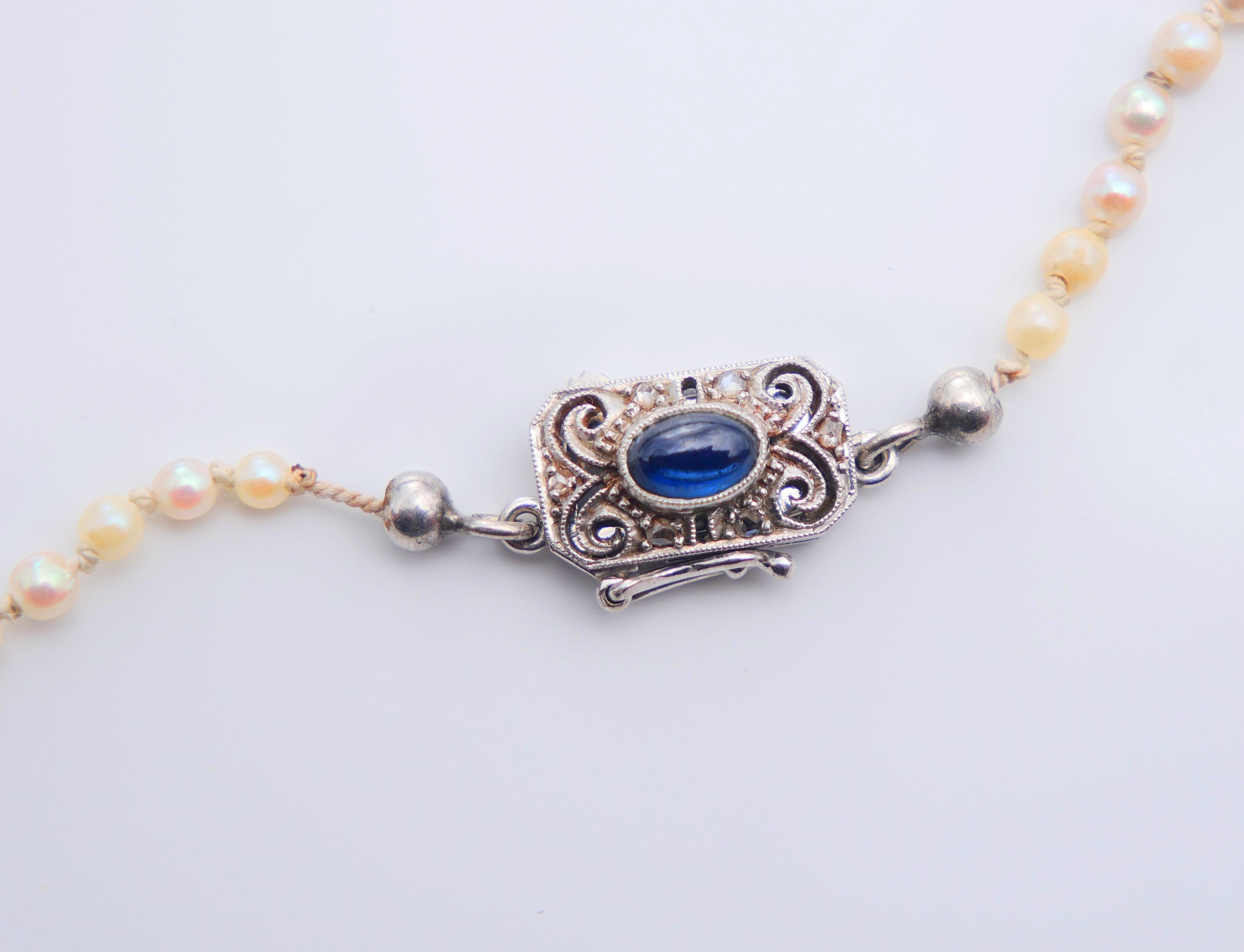 1953 Pearl Necklace natural Sapphire Diamonds solid 18K White Gold 54 cm / 14gr For Sale 3