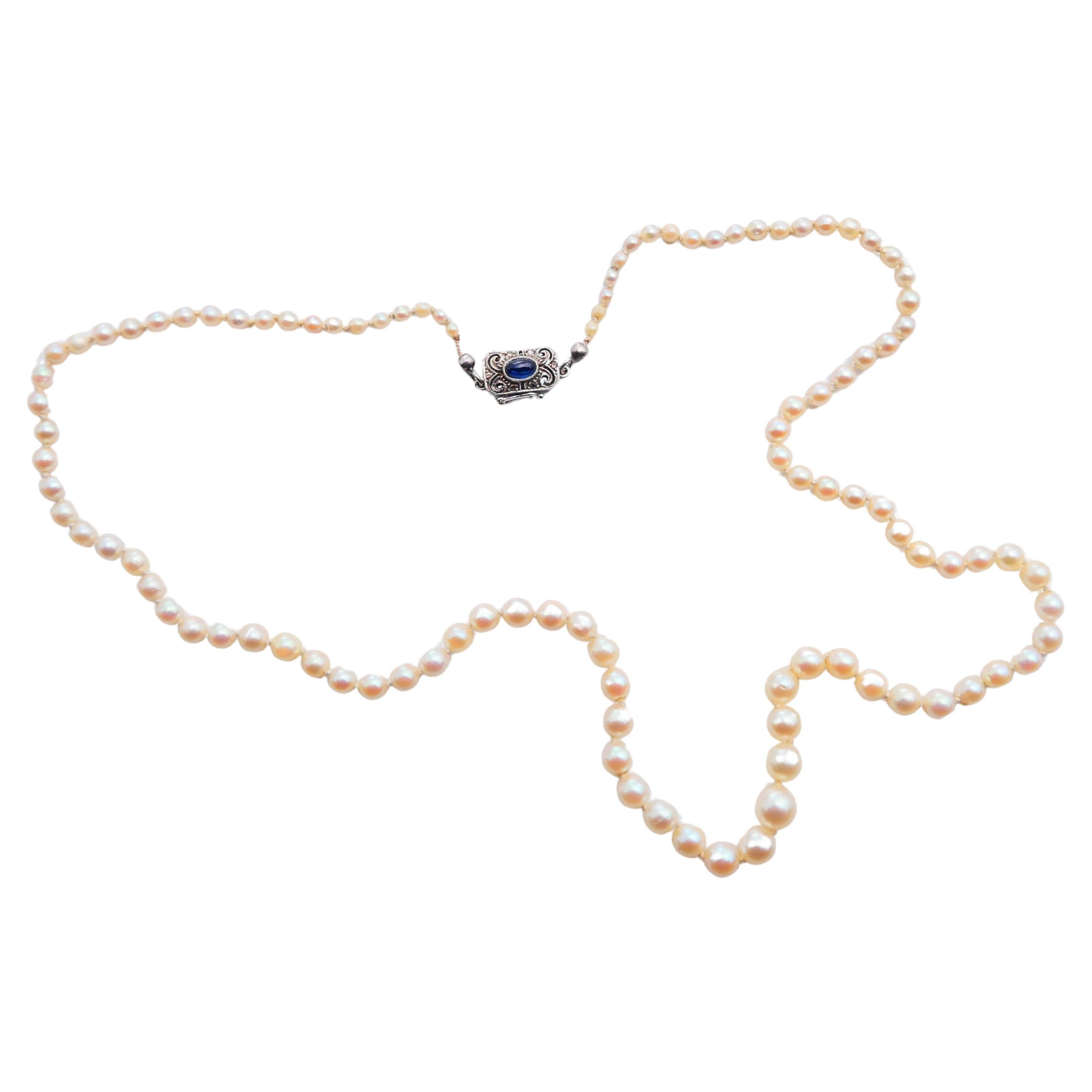1953 Pearl Necklace natural Sapphire Diamonds solid 18K White Gold 54 cm / 14gr