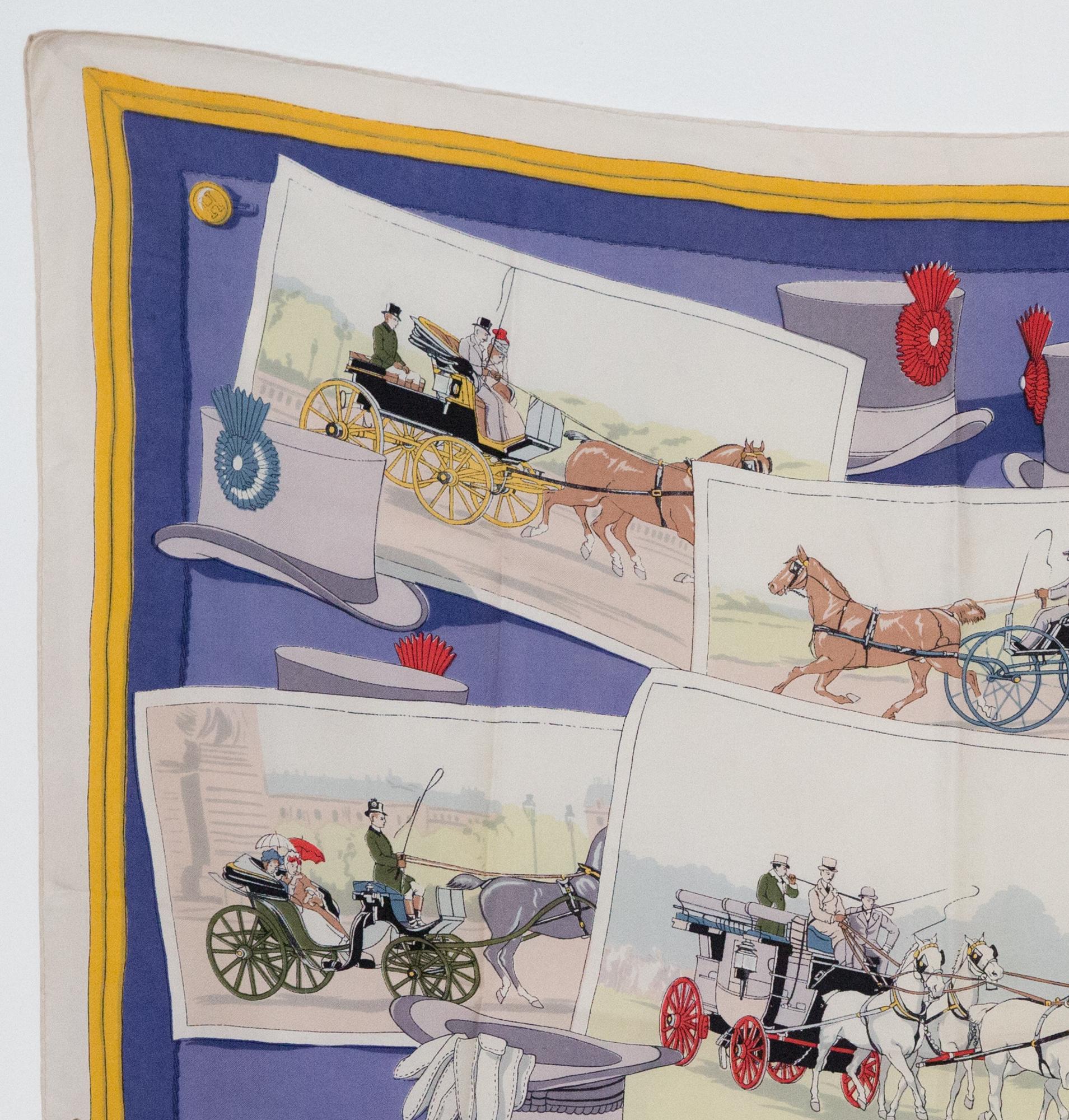 Hermes silk scarf Attelages or Mail Coaches by Hugo Grygkar featuring a yellow border, a mail coaches scene.
The designer Hugo Grygkar and the scarf name are not mentioned on. It is a very rare scarf.
First edition 1953 
In good vintage condition.