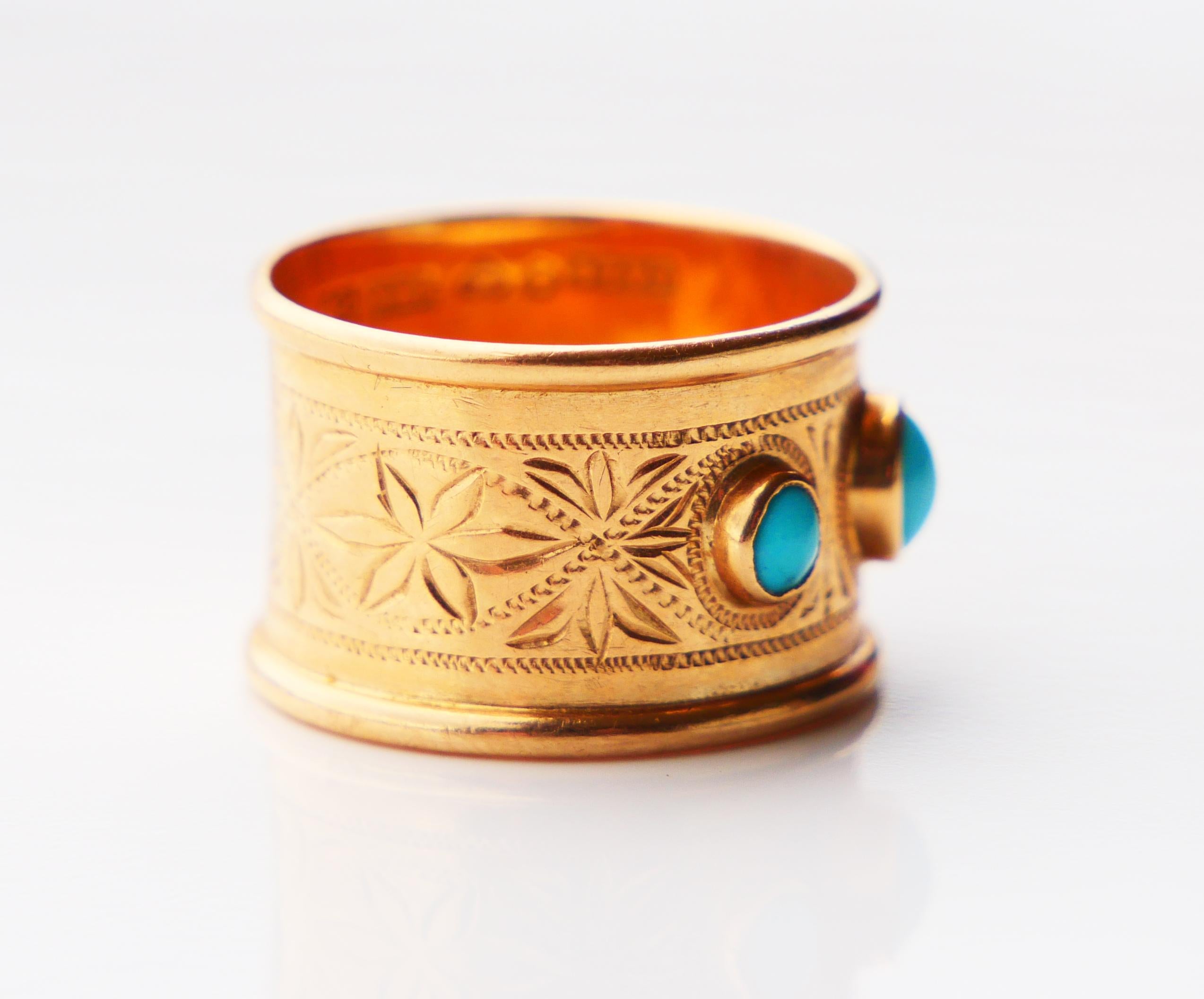 1953 Ring Blue Turquoise solid 18K Gold Ø US 4.5 Wide band /3gr. For Sale 7