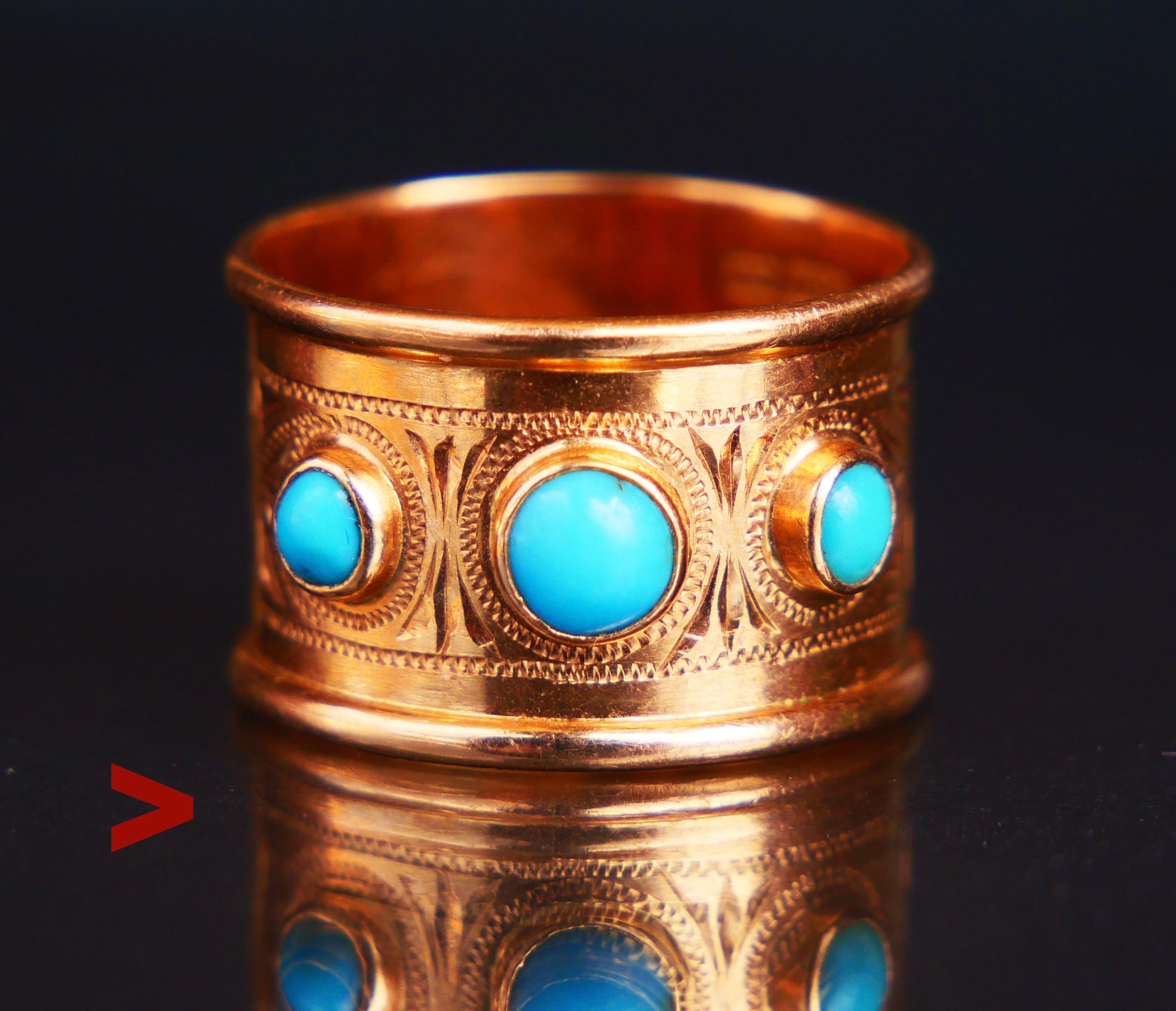 Wide band Neoclassical / Renaissance styled hand-made Ring in Yellow 18K Gold featuring three bezel set natural vivid Blue Turquoise stones cut cabochon. Central stone Ø 3.75 mm / ca.0.25 ct. Two on the flanks about Ø 2.75 mm / ca.0.12 ct each.