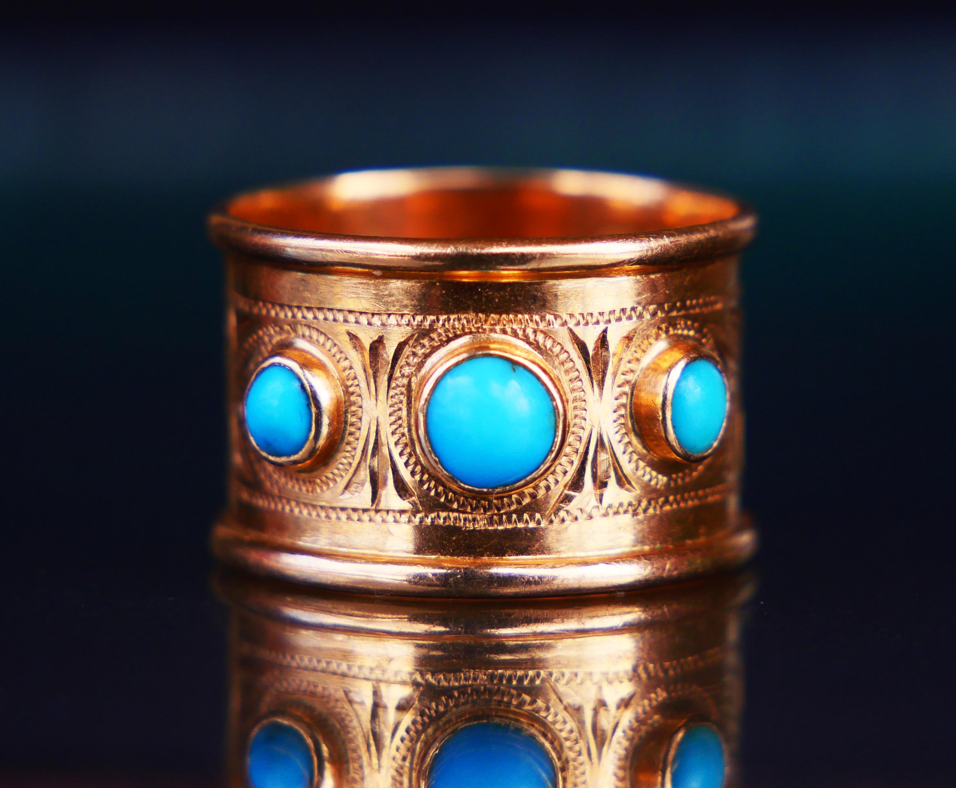 Cabochon 1953 Ring Blue Turquoise solid 18K Gold Ø US 4.5 Wide band /3gr. For Sale