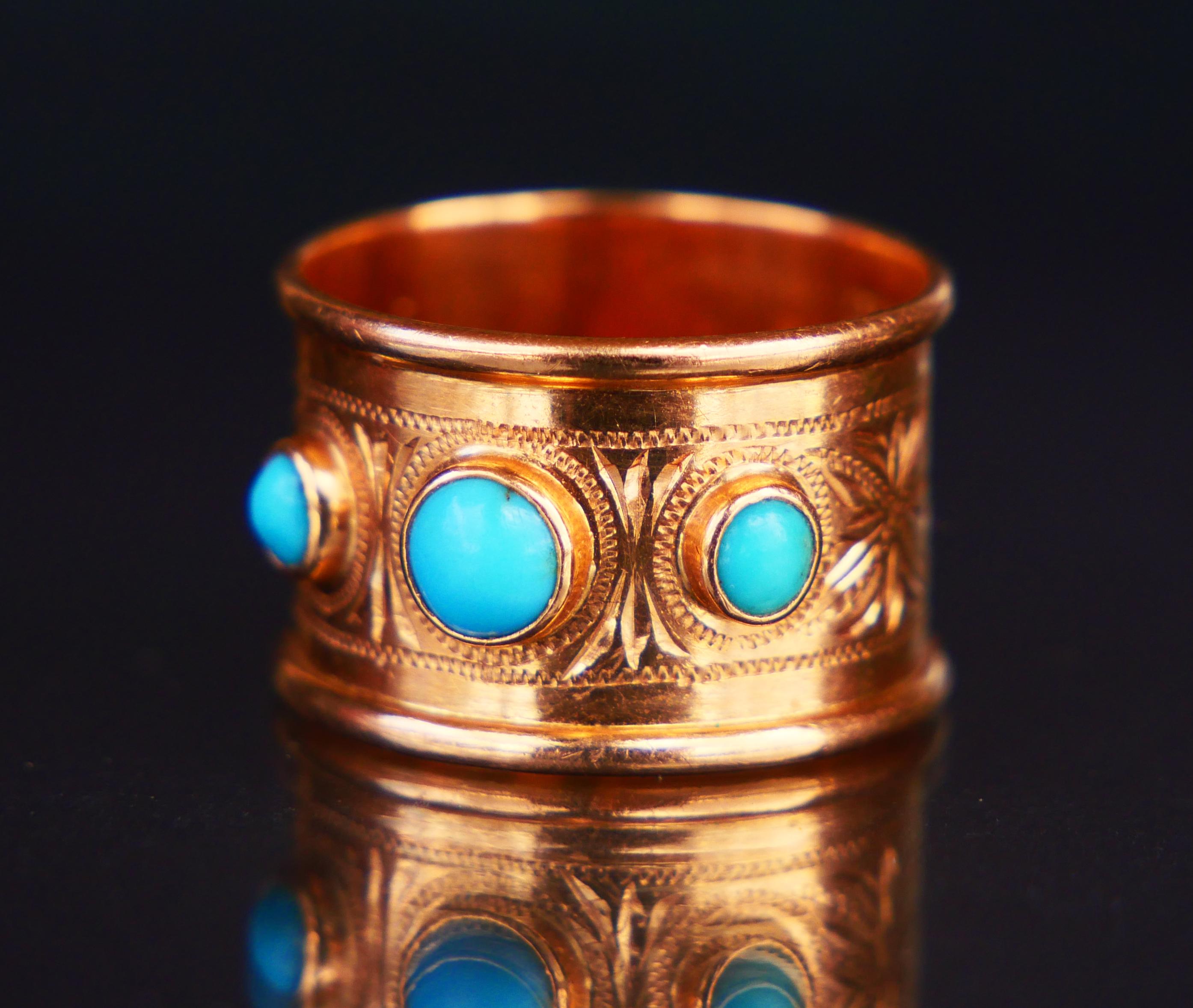Women's 1953 Ring Blue Turquoise solid 18K Gold Ø US 4.5 Wide band /3gr. For Sale