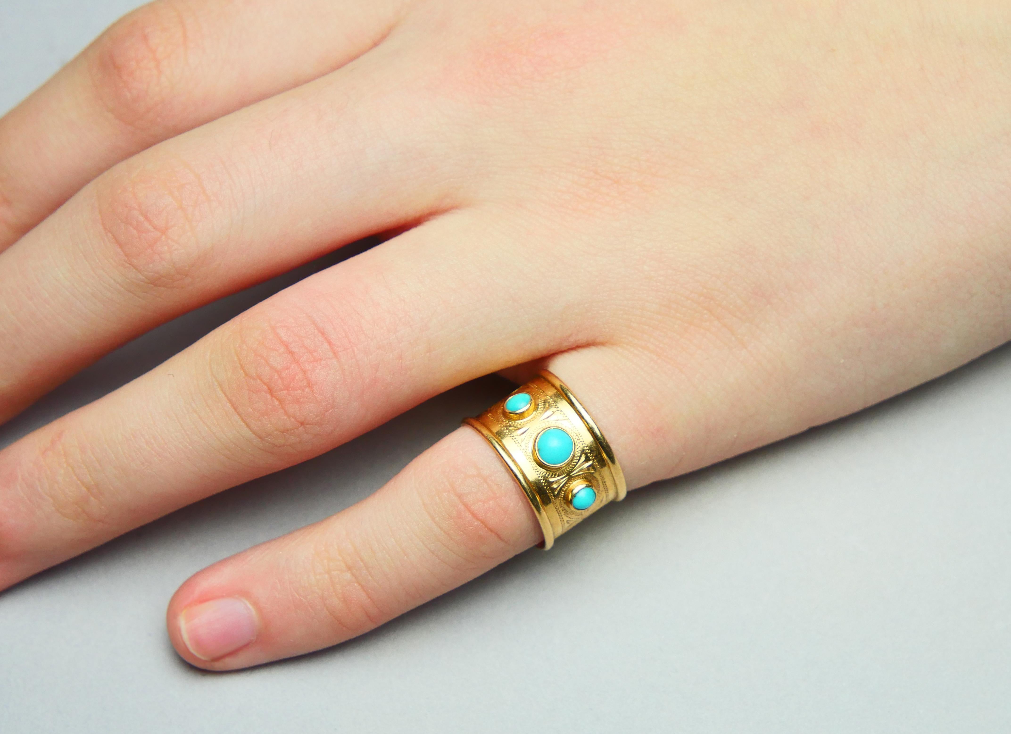 1953 Ring Blue Turquoise solid 18K Gold Ø US 4.5 Wide band /3gr. For Sale 1