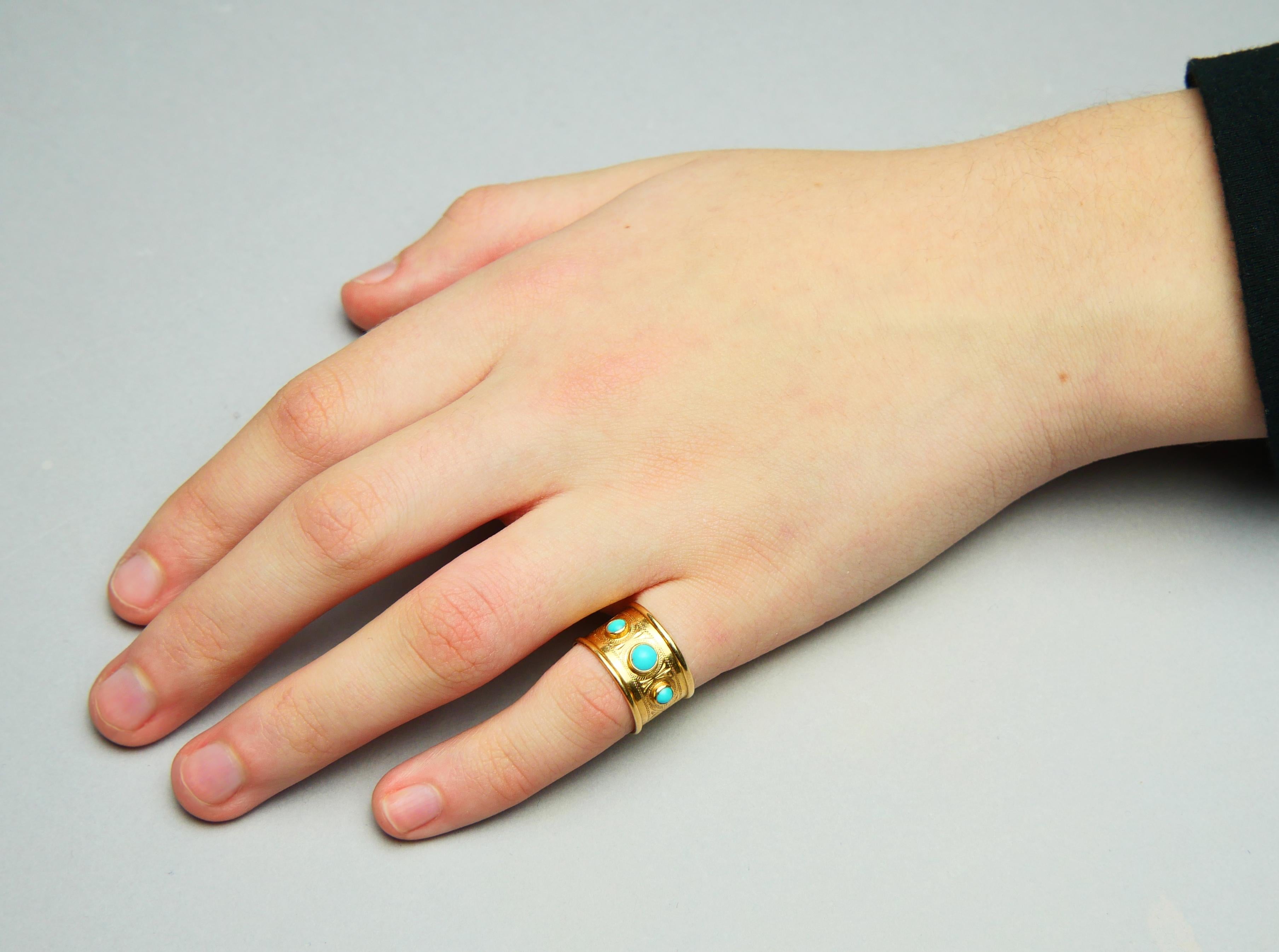 1953 Ring Blue Turquoise solid 18K Gold Ø US 4.5 Wide band /3gr. For Sale 2