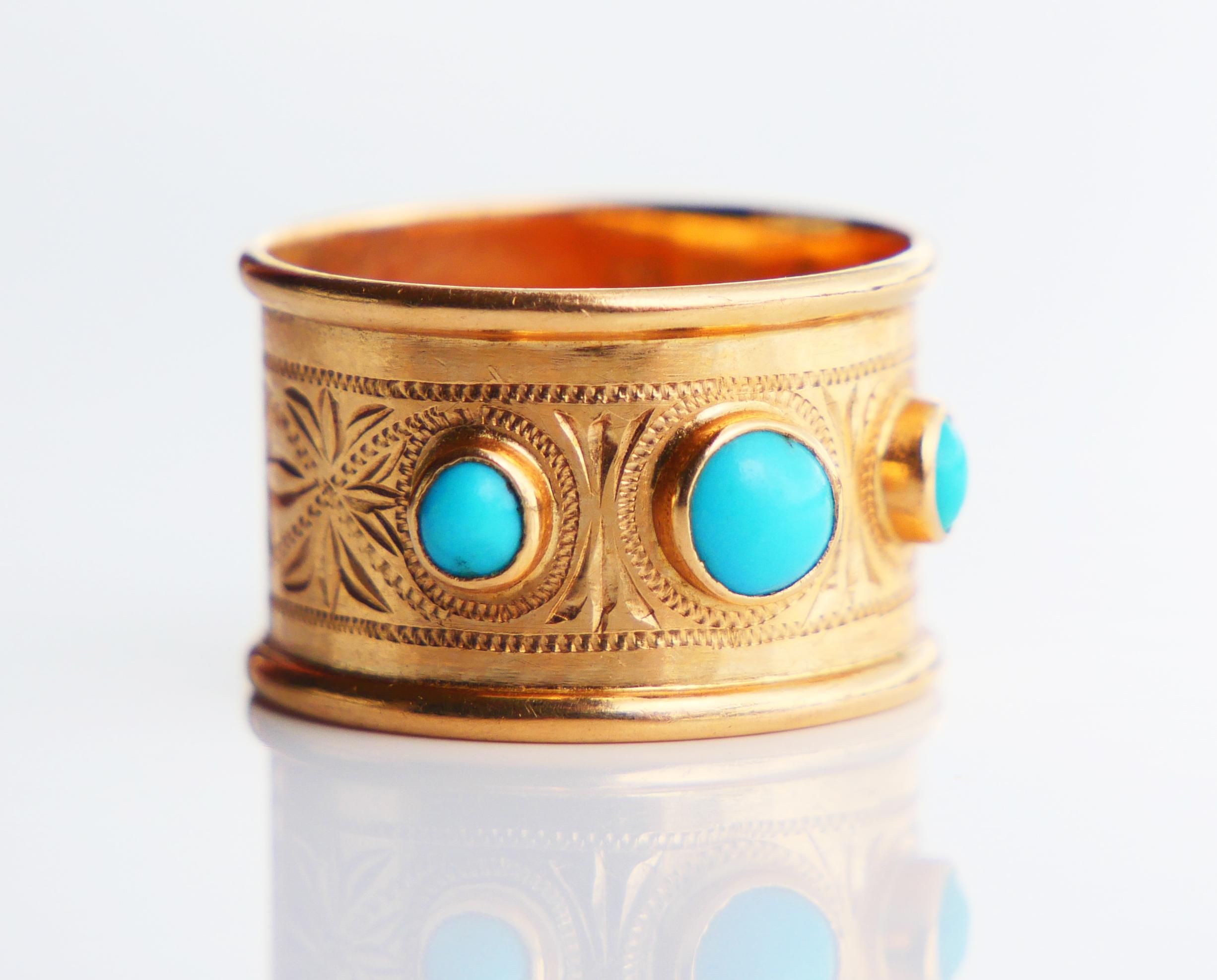 1953 Ring Blue Turquoise solid 18K Gold Ø US 4.5 Wide band /3gr. For Sale 3
