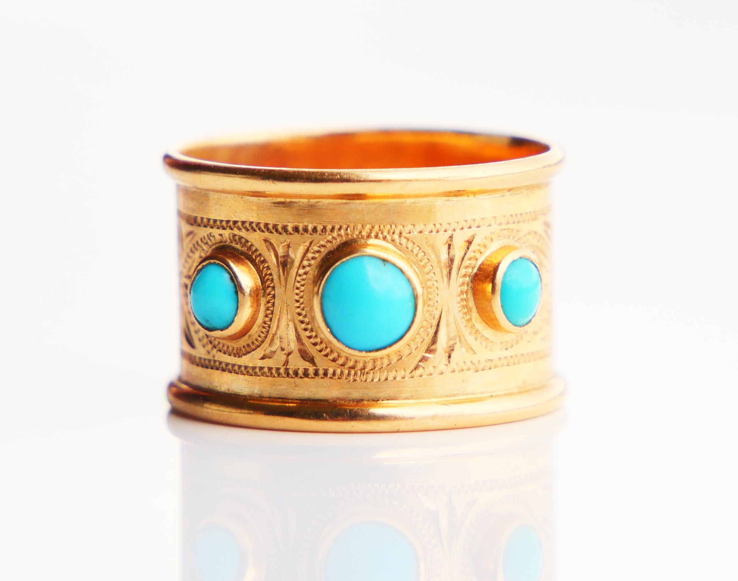 1953 Ring Blue Turquoise solid 18K Gold Ø US 4.5 Wide band /3gr. For Sale 4