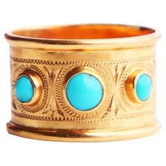 Vintage 1953 Ring Blue Turquoise solid 18K Gold Ø US 4.5 Wide band /3gr.