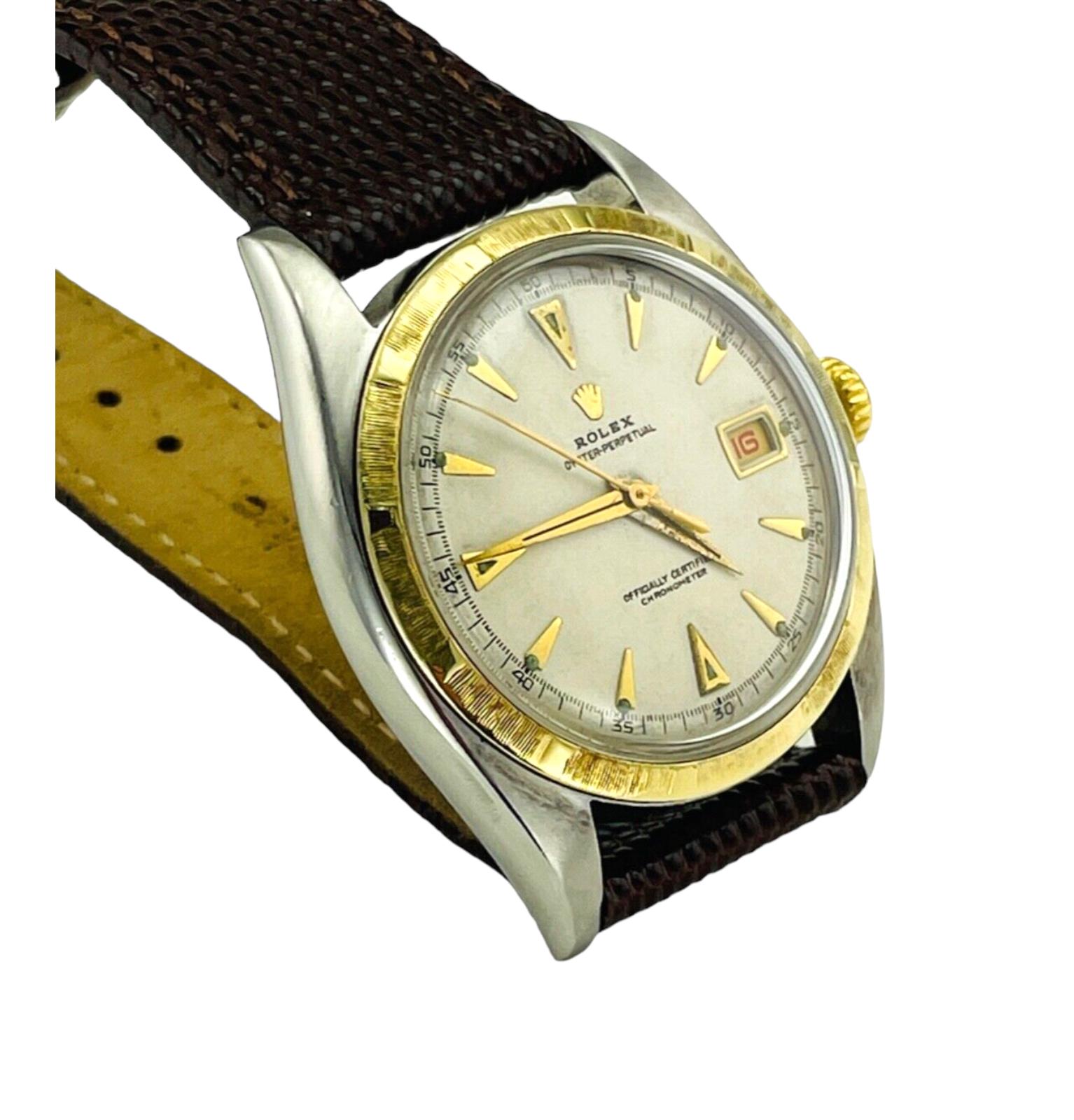 1953 Rolex Bubbleback Gold Steel Wristwatch In Good Condition For Sale In Los Angeles, CA