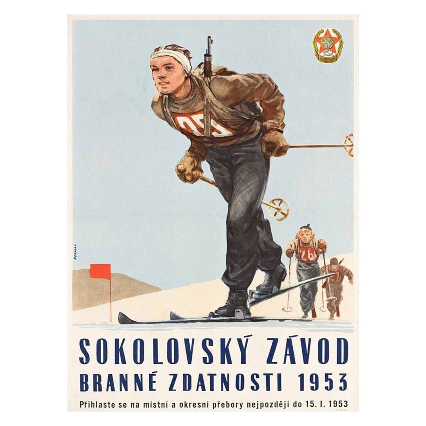 1953 Sokolovský Závod Winter Biathlon Hungary Original Vintage Poster