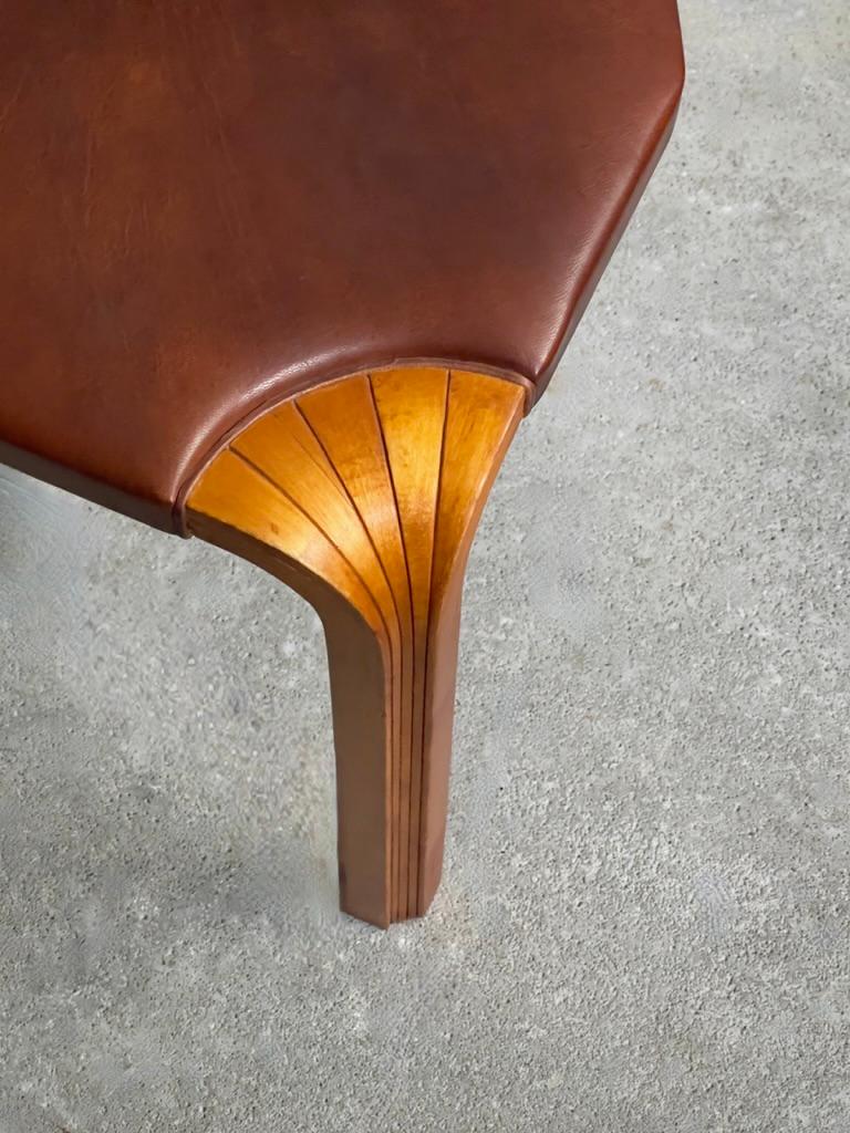 Presenting the 1954 Alvar Aalto stool model X602 in a super rich patinated birch upholstered in premium reddish brown Niger goat leather. Produced by Artek in 1960s. ( A matching stool Model X601 is available in other listing )

The Alvar Aalto