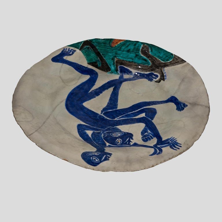 Mid-Century Modern 1954 Art Glazed Ceramic Plate by Salvatore Meli Italian White Blue White Green For Sale