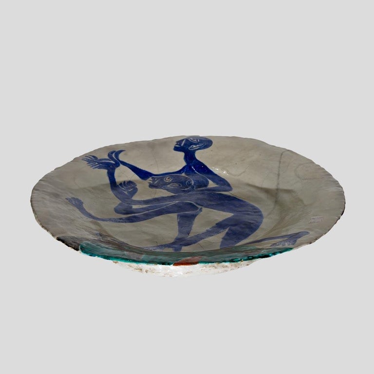 1954 Art Glazed Ceramic Plate by Salvatore Meli Italian White Blue White Green In Good Condition For Sale In London, GB