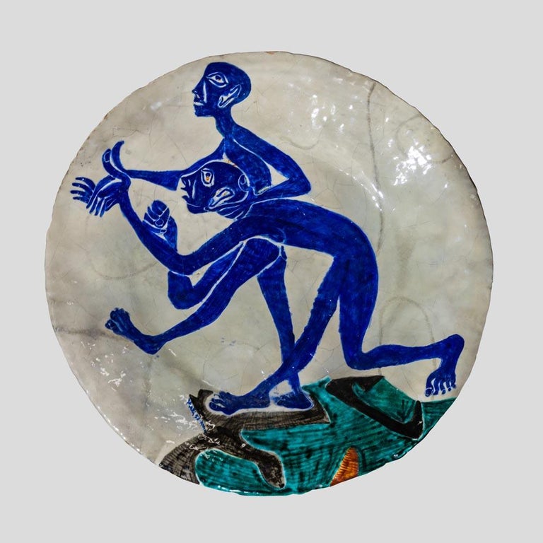 Mid-20th Century 1954 Art Glazed Ceramic Plate by Salvatore Meli Italian White Blue White Green For Sale