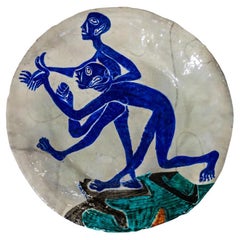 1954 Art Glazed Ceramic Plate by Salvatore Meli Italian White Blue White Green