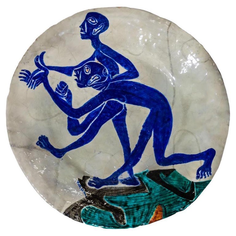 1954 Art Glazed Ceramic Plate by Salvatore Meli Italian White Blue White Green For Sale