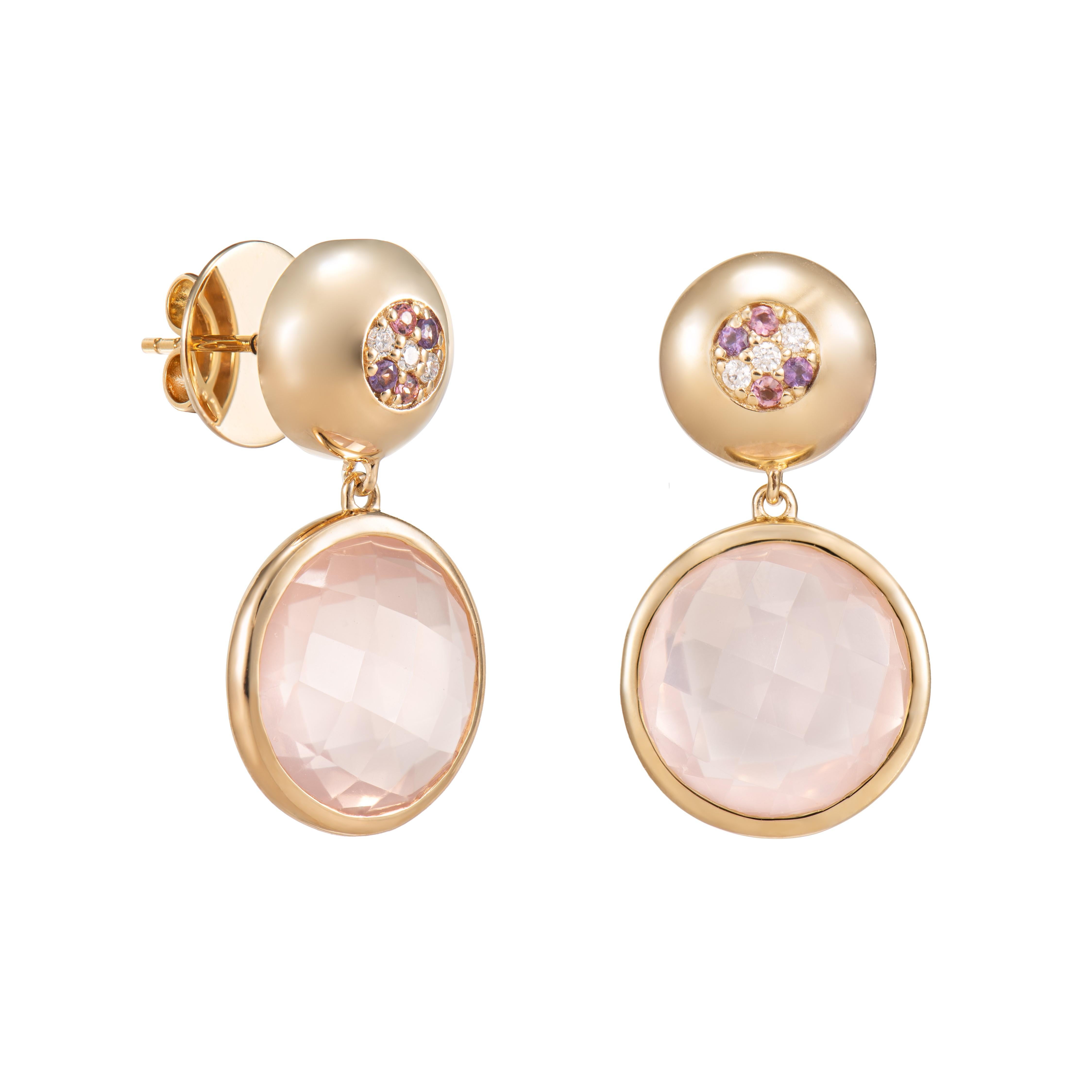 These are fancy Rose Quartz Drop earrings in a Round shape with Checkerboard Cut with Rose hue. The stud earrings are elegant and can be worn for many Occasions.

19.54 Carat Rose Quartz Drop Earring in 18Karat Yellow Gold with Pink Tourmaline,