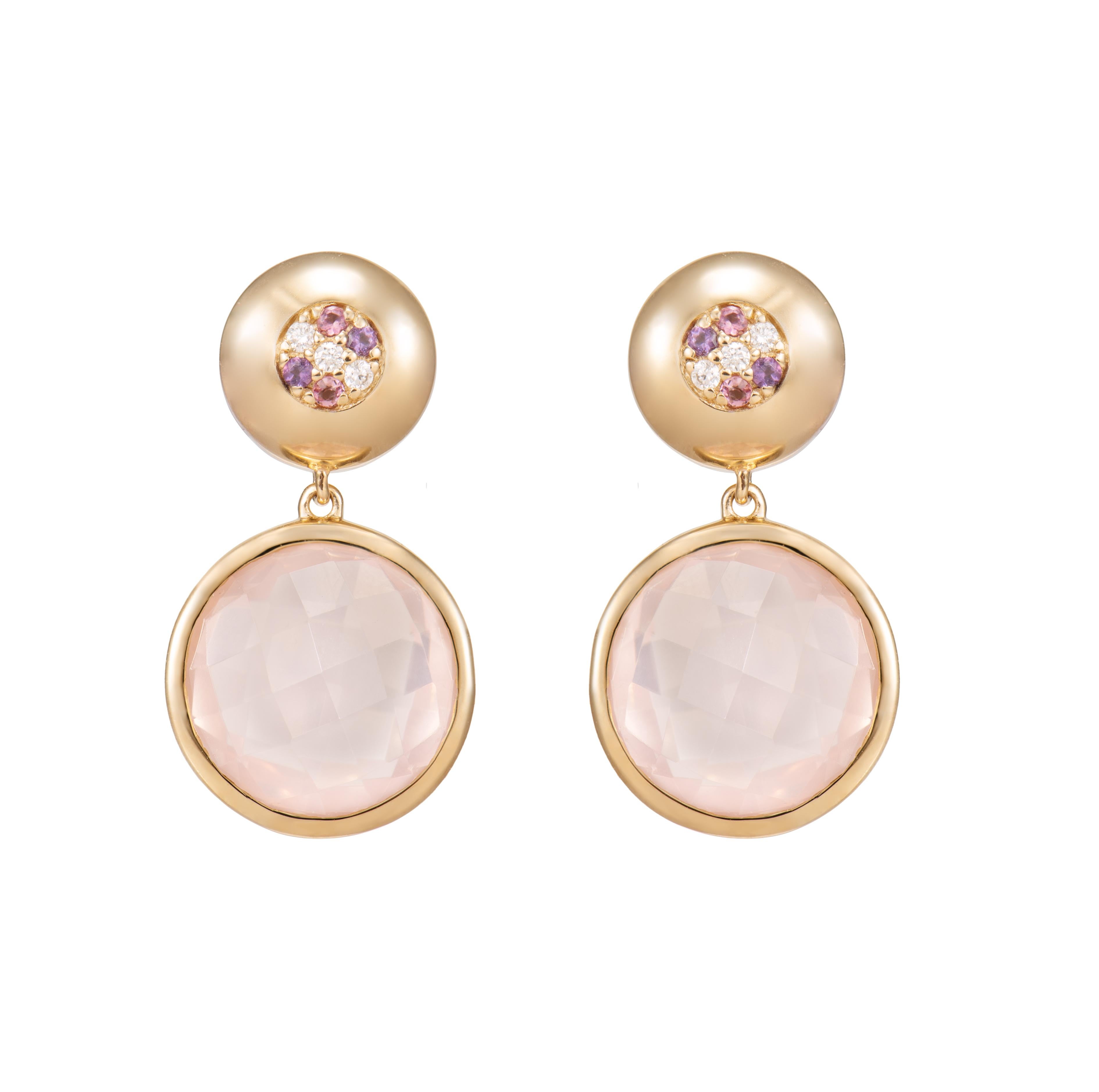 Contemporary 19.54 Carat Rose Quartz Drop Earring in 18KYG with Multi Gemstone and Diamond. For Sale