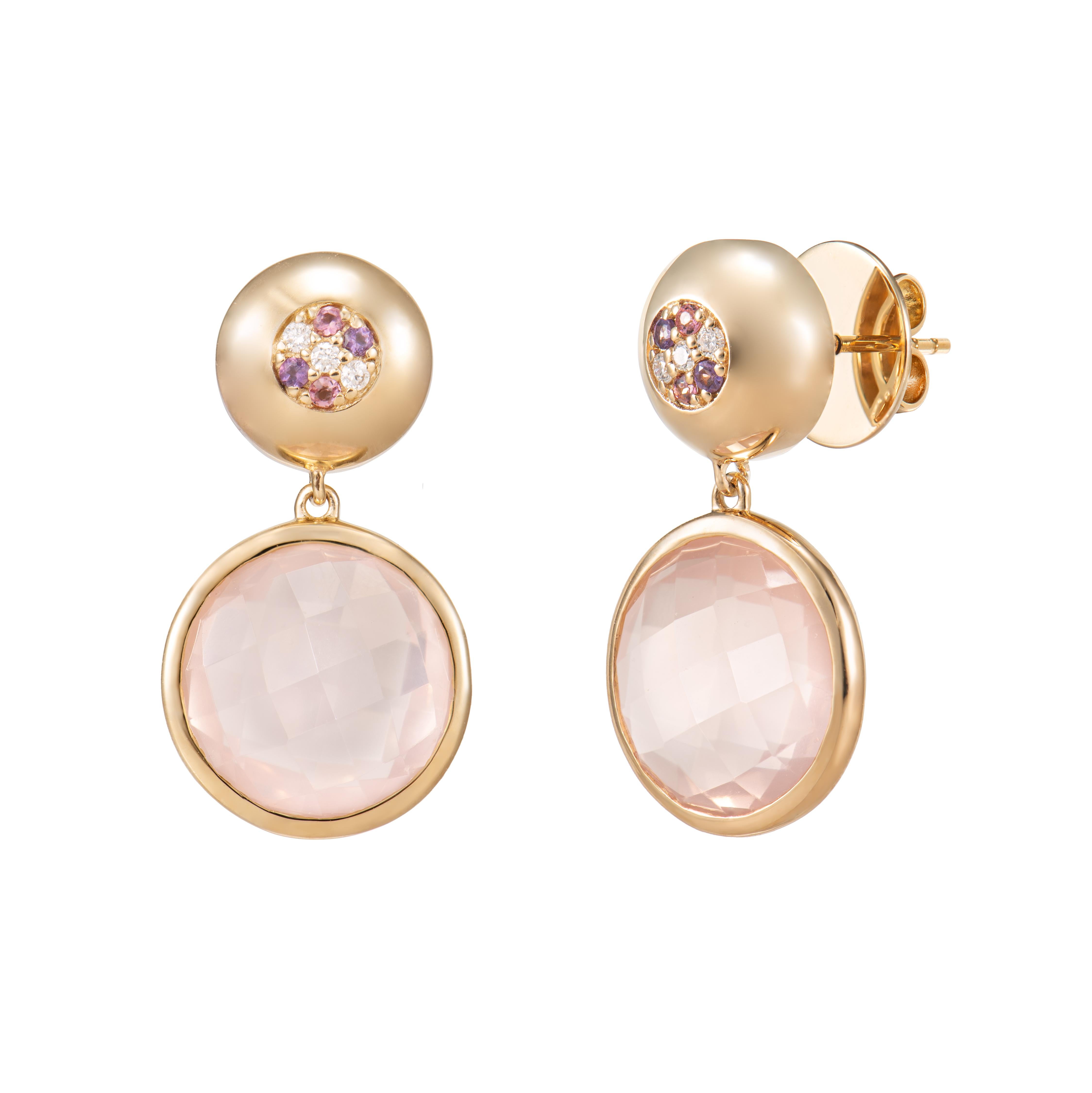 Briolette Cut 19.54 Carat Rose Quartz Drop Earring in 18KYG with Multi Gemstone and Diamond. For Sale