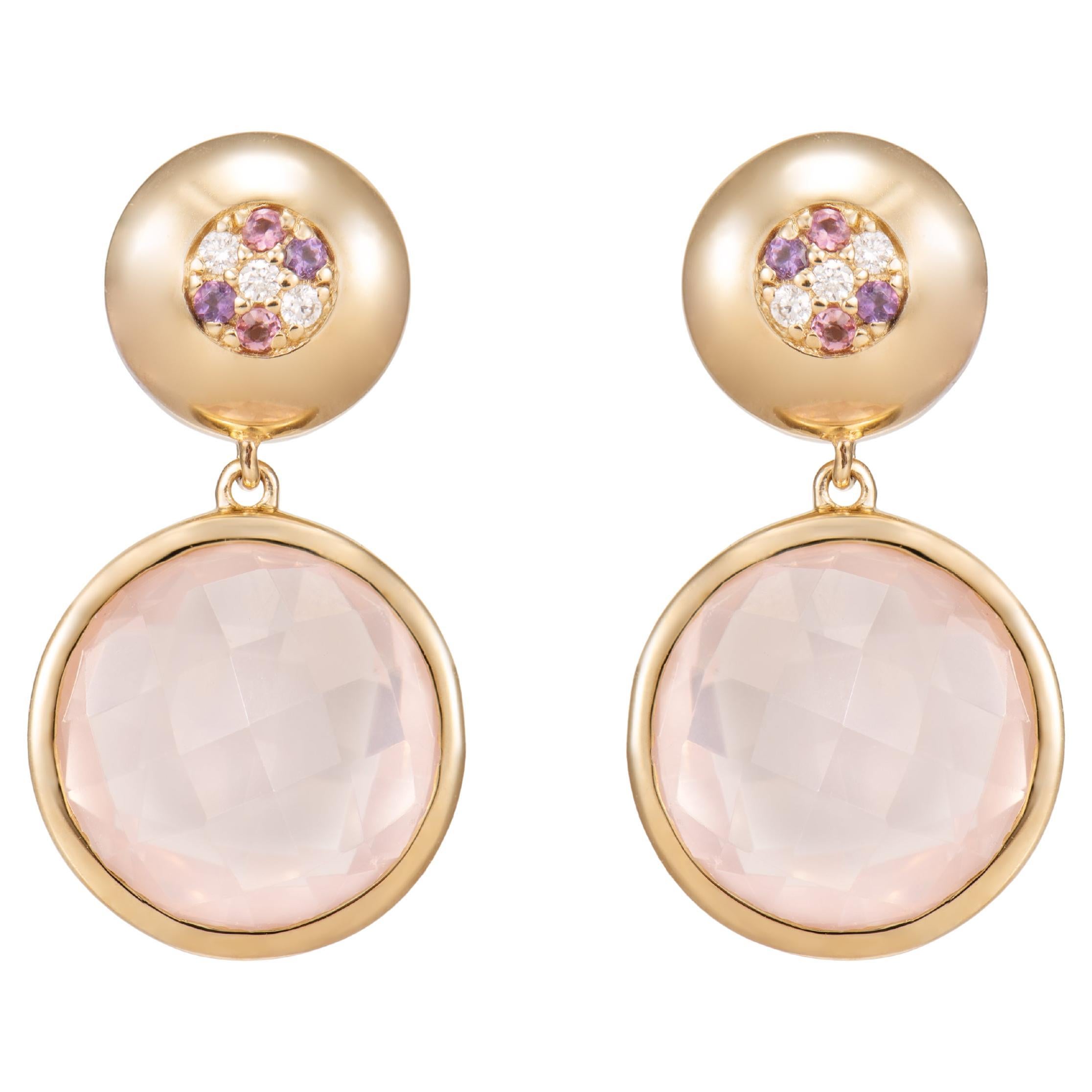 19.54 Carat Rose Quartz Drop Earring in 18KYG with Multi Gemstone and Diamond.