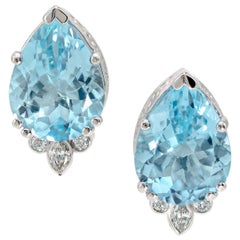 19.54 Carat Pear-Shaped Blue Topaz and Diamond Earrings in Platinum