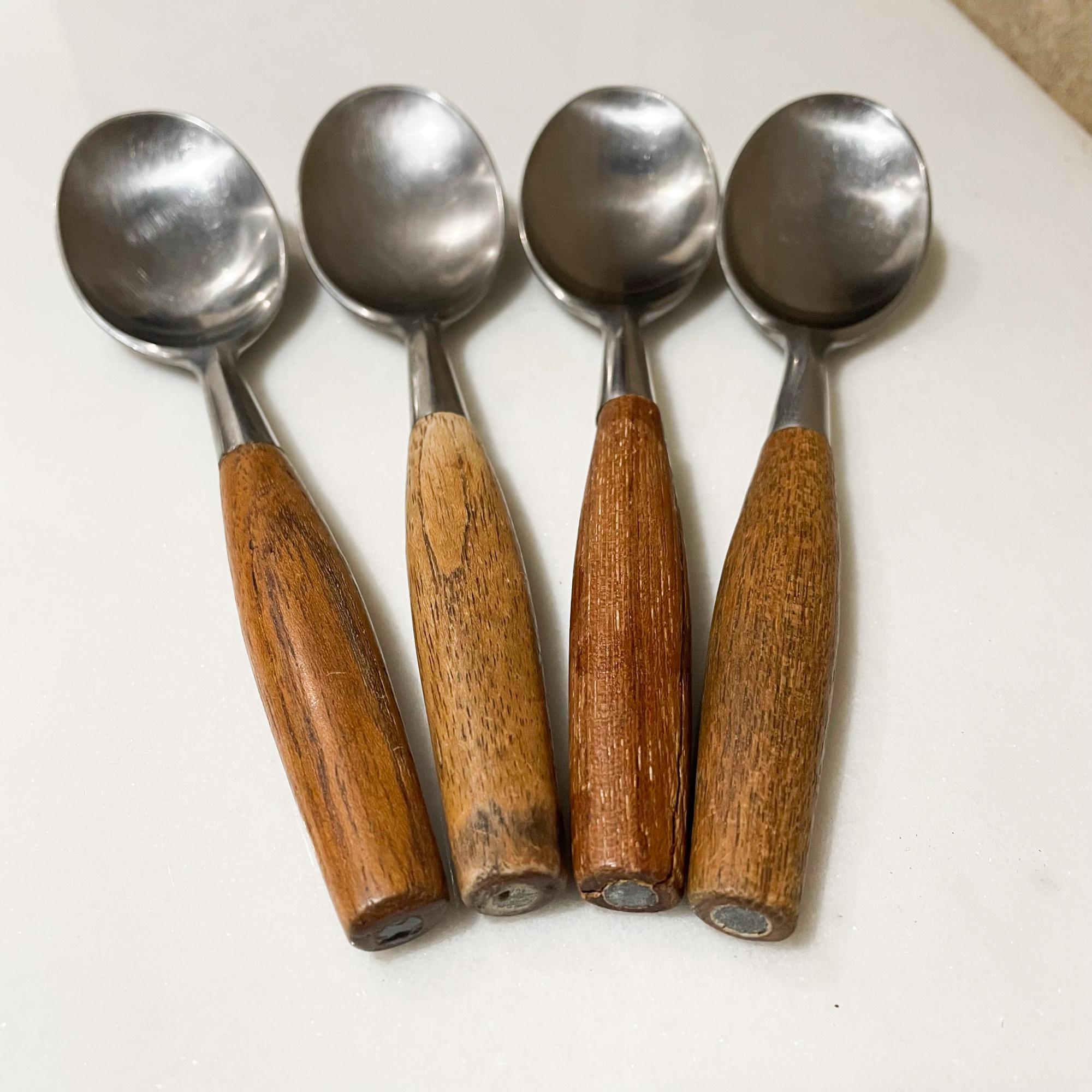 1954 Dansk Germany Fjord Flatware 4 Teak & Stainless Soup Spoons Jens Quistgaard In Good Condition In Chula Vista, CA