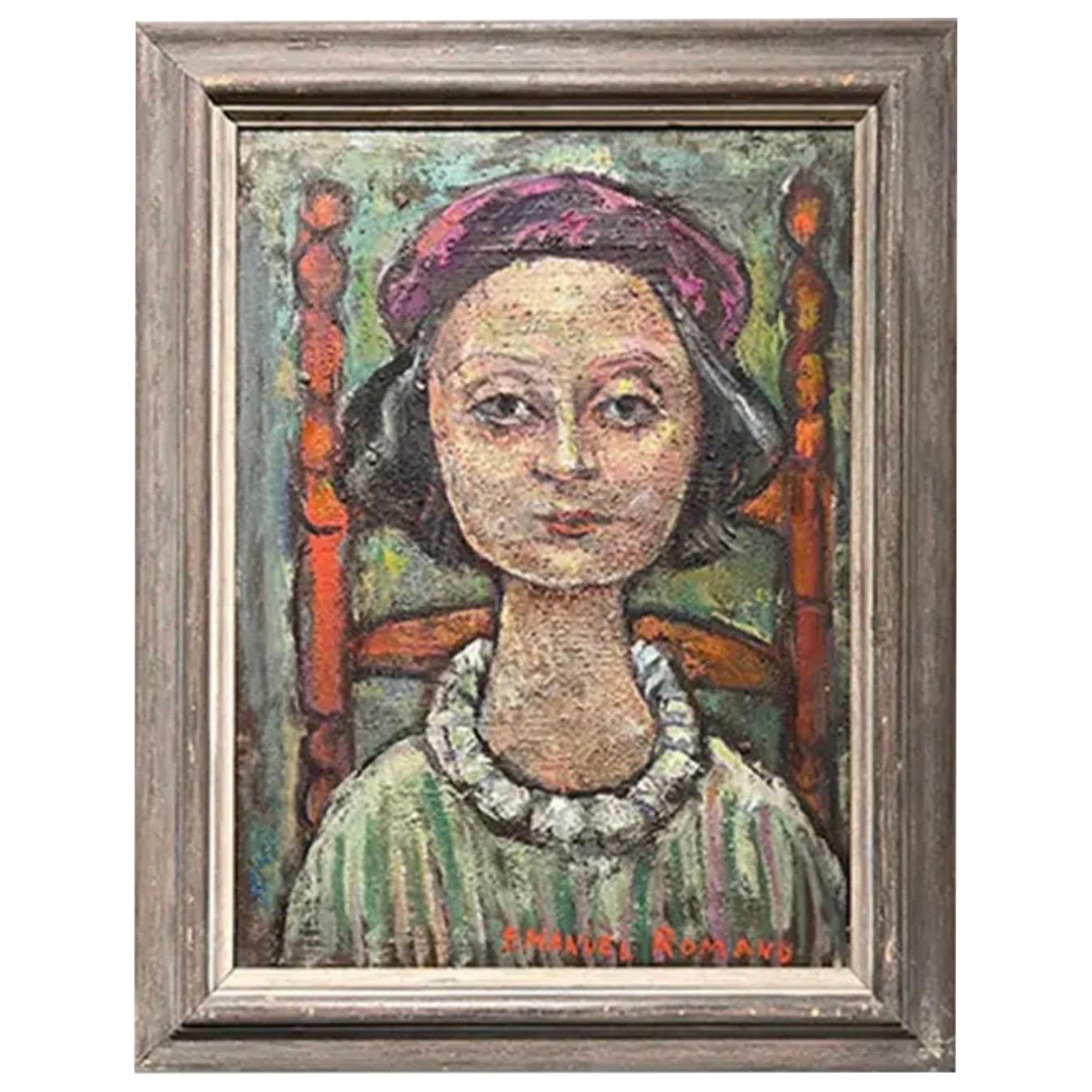 1954 E. Romano "Beatrice in Violet Beret" Oil Painting on Artist Board For Sale