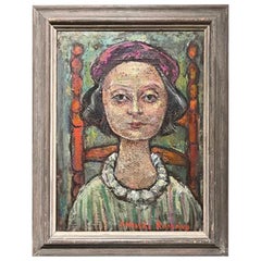 1954 E. Romano "Beatrice in Violet Beret" Oil Painting on Artist Board