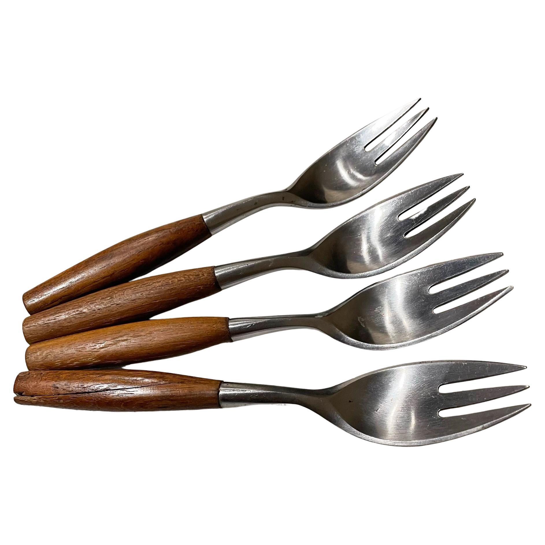 1954 Fjord 4 Salad Forks Teak 
Stainless IHQ Dansk Jens Quistgaard Germany