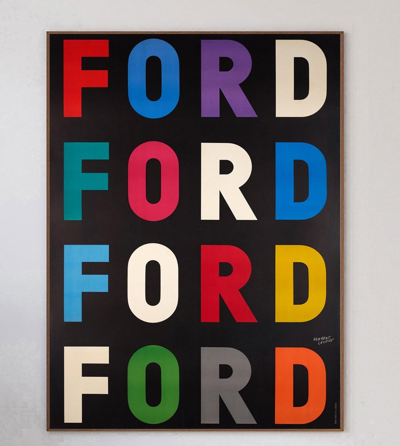 Beautiful poster printed in lithography with artwork from Swiss graphic designer & artist Herbert Leupin created for Ford. Ford Motor Company was founded by Henry Ford in 1903 and continues to be one of the worlds largest automakers. 

This