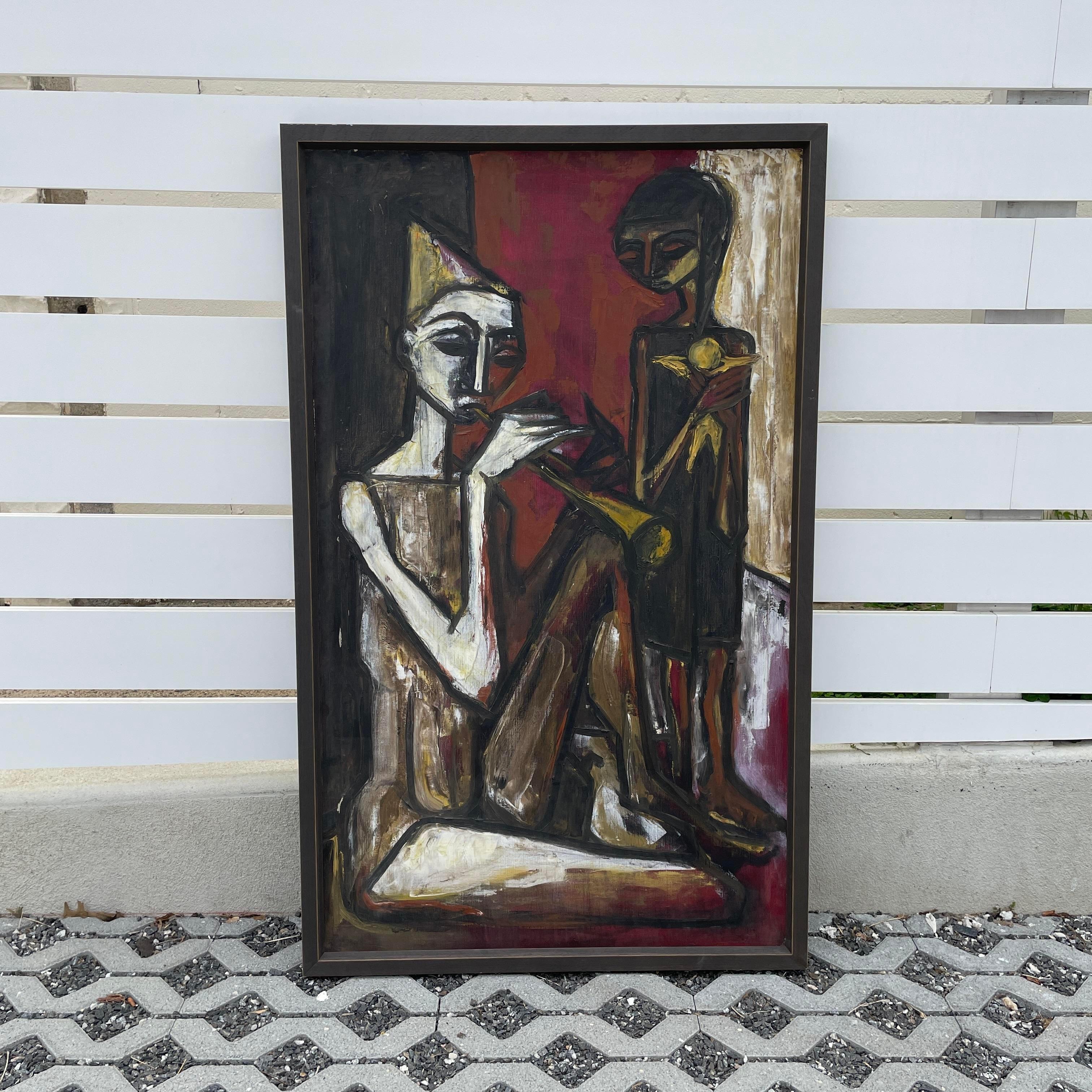 A 1950s vintage original canvas painting by Jacques Dunham of a brass instrument or horn player. The painting comes professionally framed. It is signed and dated 1959 in the upper right corner. Measures 32” wide x 52 1/2” tall x 1 3/4” deep.
