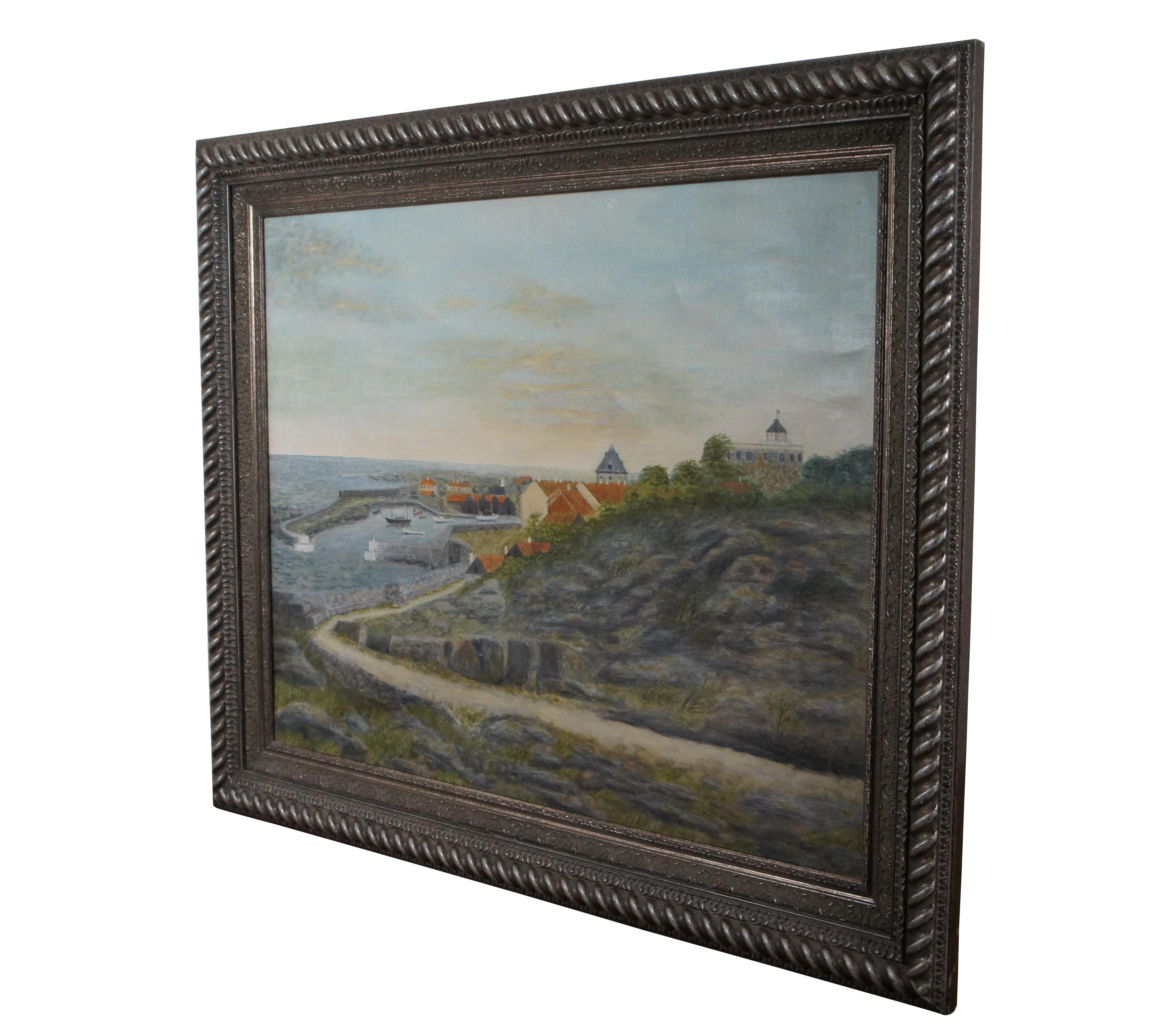 Mid century oil painting on canvas featuring a coastal landscape / nautical seascape scene with harbor and boats.  Signed lower right Jver K Madsen Pinx, 1954.

Dimensions:
33.5