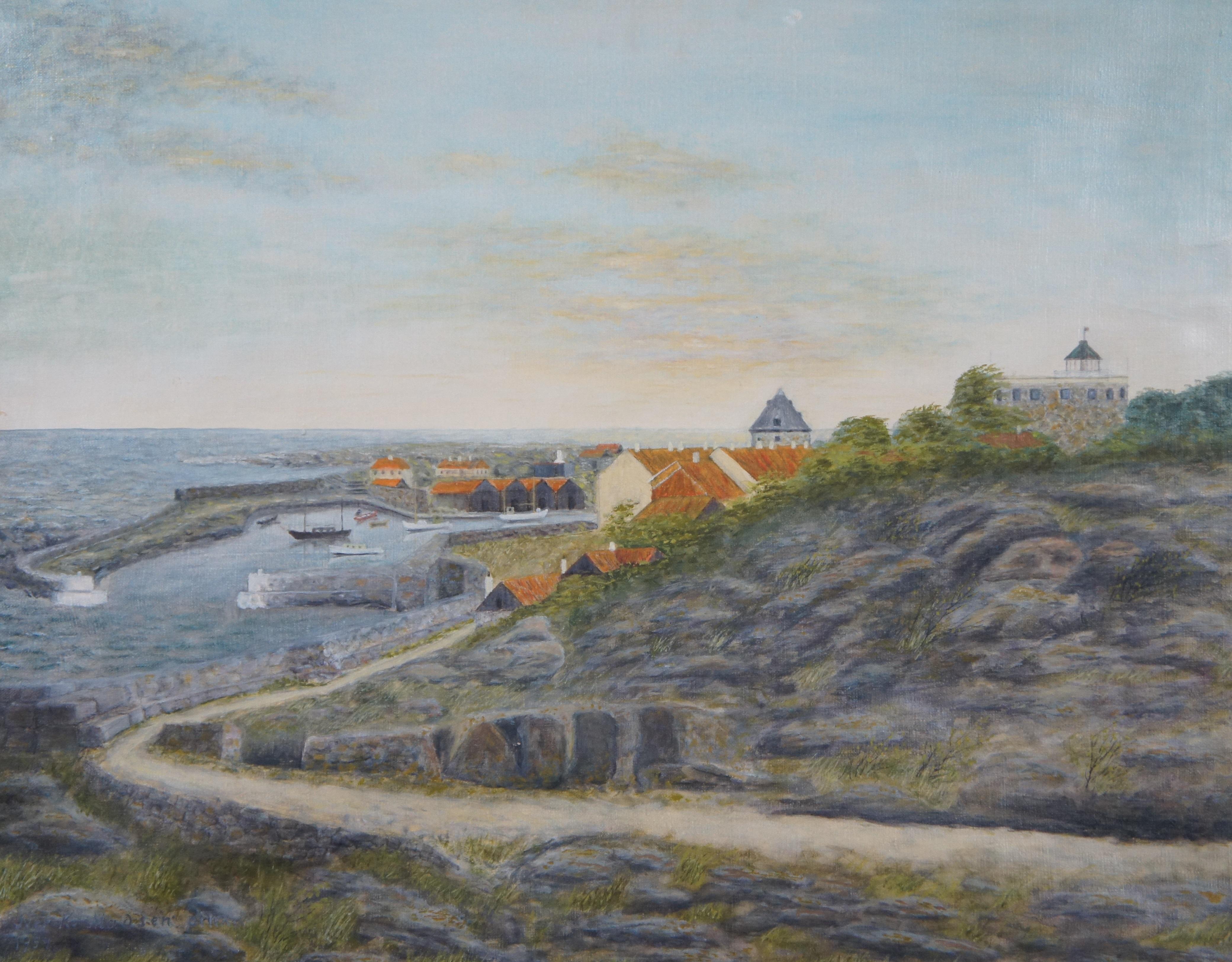 1954 J.K. Madsen Coastal Landscape Seascape Oil Painting on Canvas 34