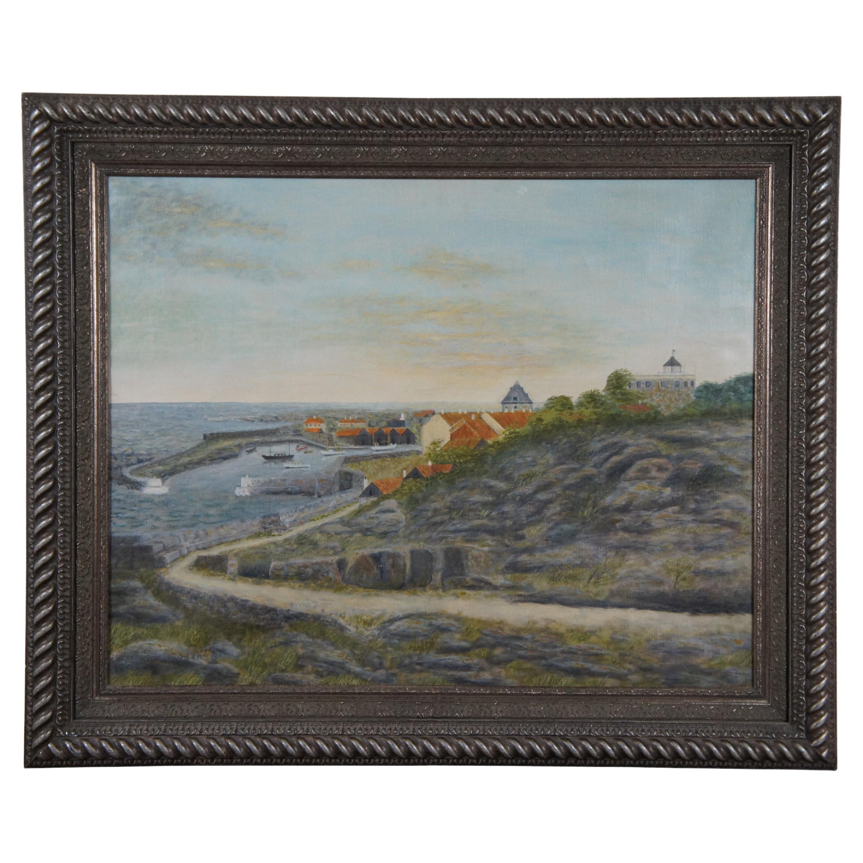 1954 J.K. Madsen Coastal Landscape Seascape Oil Painting on Canvas 34" For Sale
