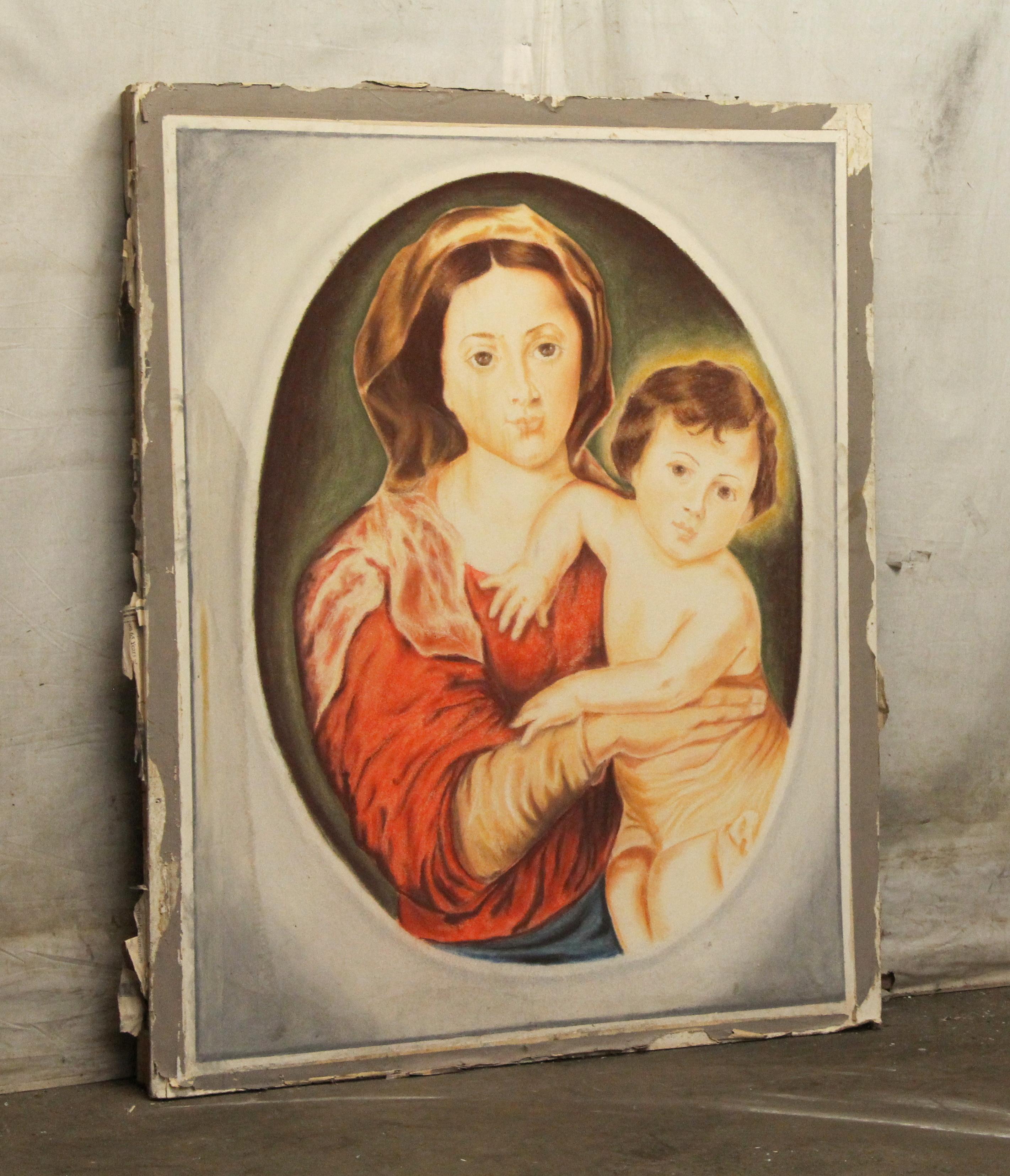Large painting of the famous Madonna and child done on sheet rock. The back is framed with wood. This was salvaged from Rose Hill, the Tudor Mansion of American impresario Billy rose which had a chapel constructed onsite in 1954. Please note, this