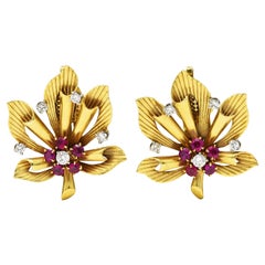 1954 Mid-Century Ruby Diamond Platinum 14 Karat Yellow Gold Leaf Floral Earrings