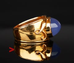 1954 Bague nordique 7ct Calcédoine bleue or massif 18K Ø 6.5US /5 gr