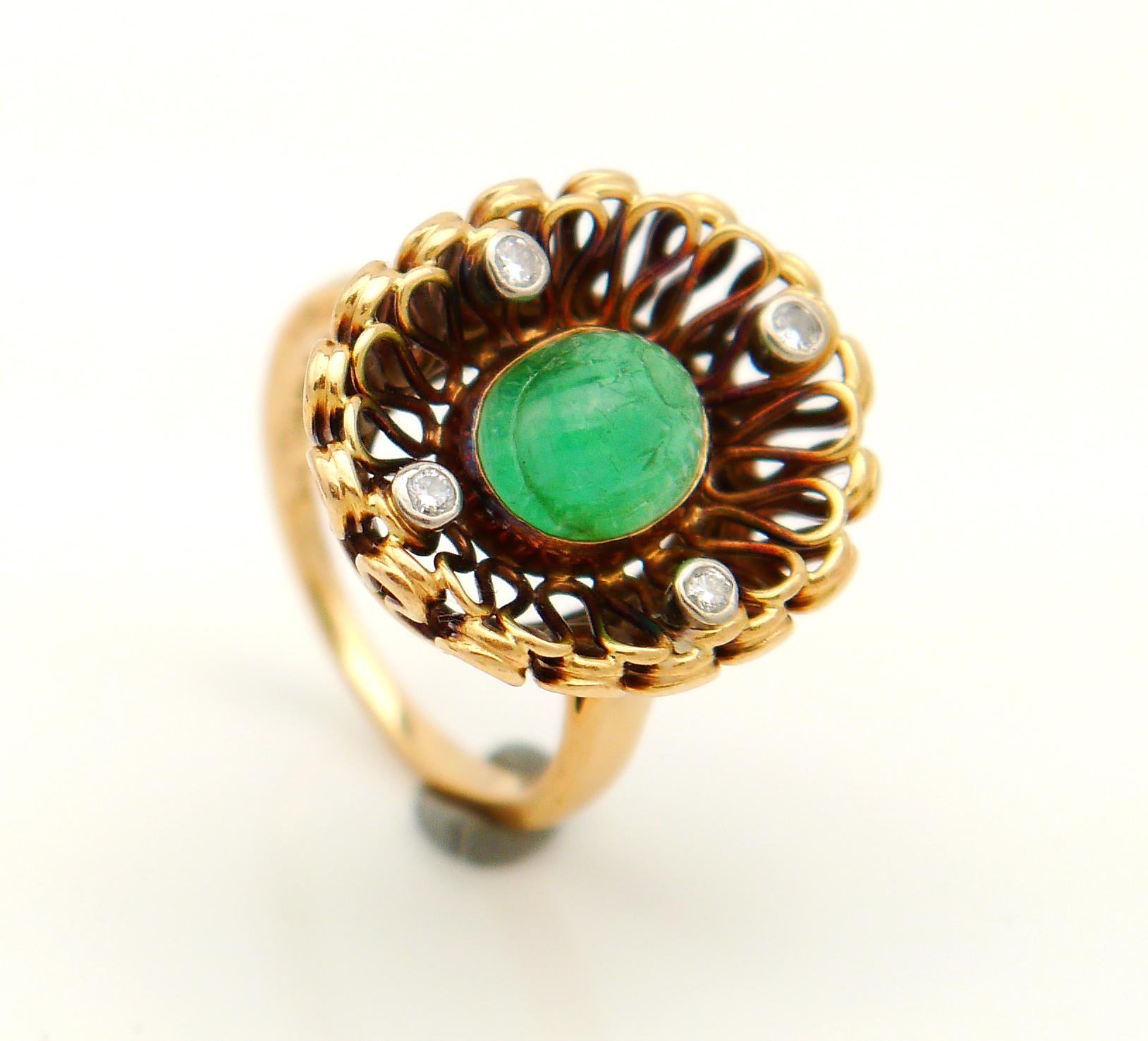 Cabochon 1954 Nordic Ring solid 18K Gold 3ct Emerald Diamonds ØUS6/ 7.5gr For Sale