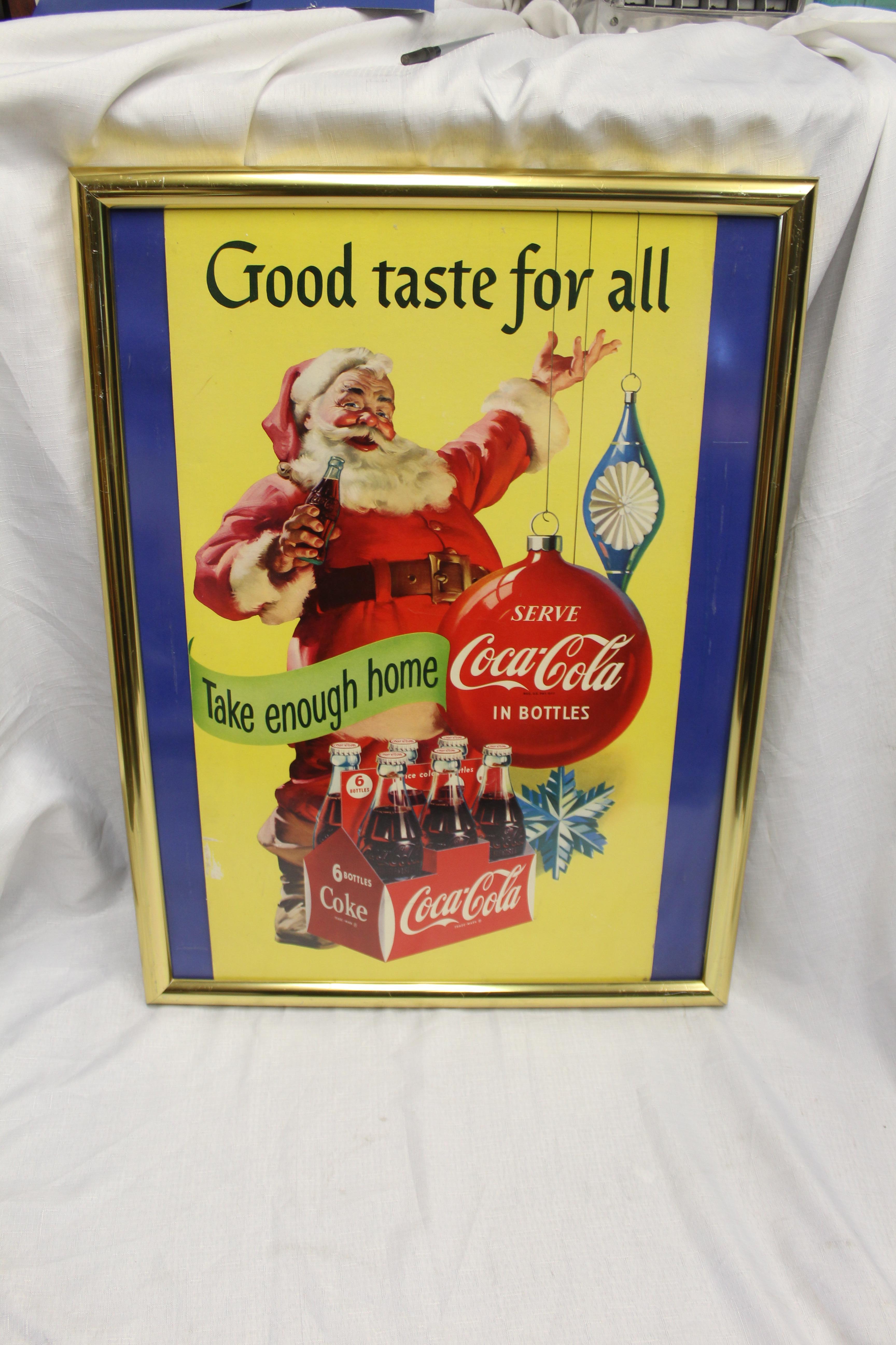 1954 Original Coca-Cola Cardboard Santa Advertising Sign Framed For Sale 1