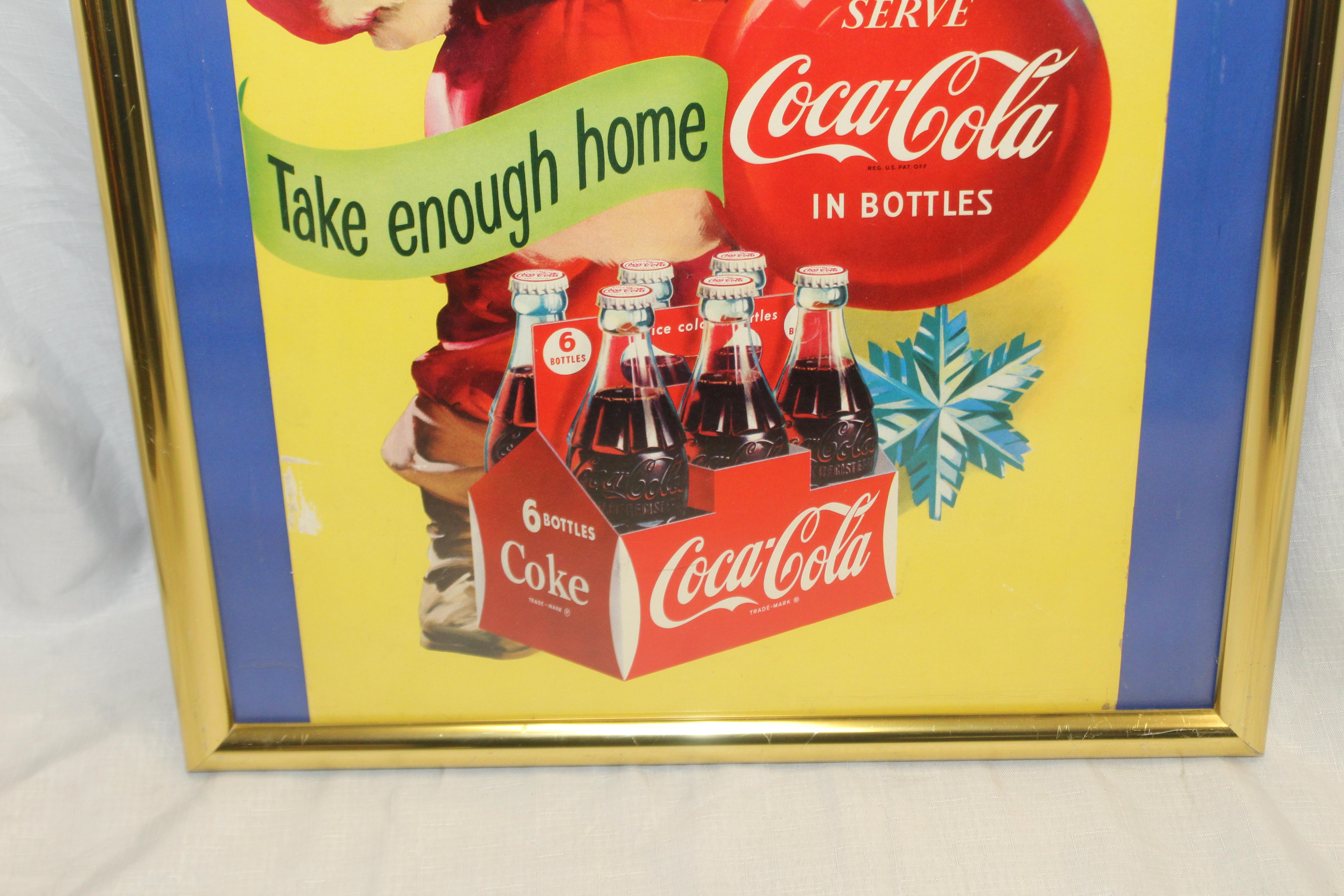 Mid-Century Modern 1954 Original Coca-Cola Cardboard Santa Advertising Sign Framed For Sale
