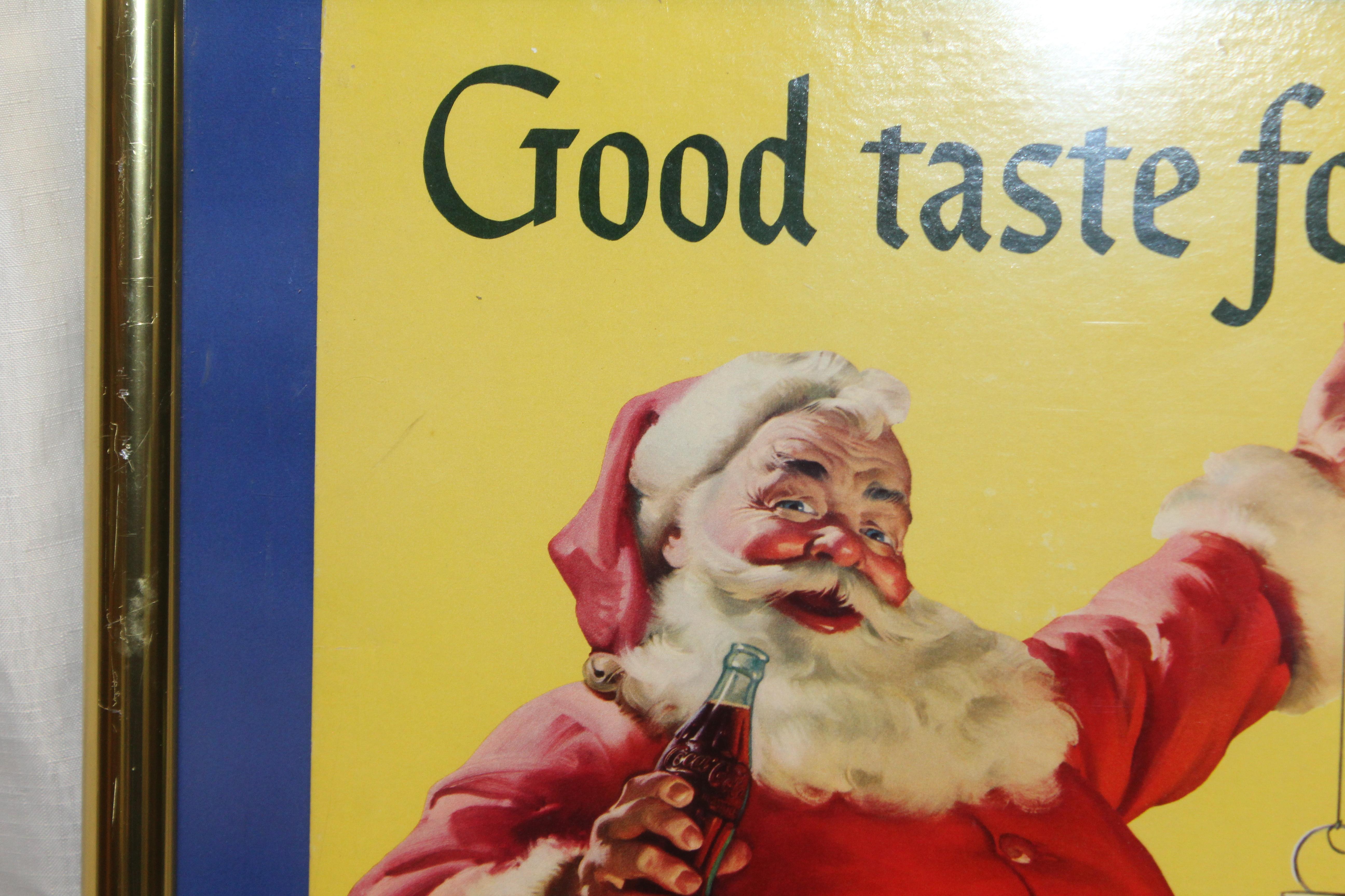 American 1954 Original Coca-Cola Cardboard Santa Advertising Sign Framed For Sale