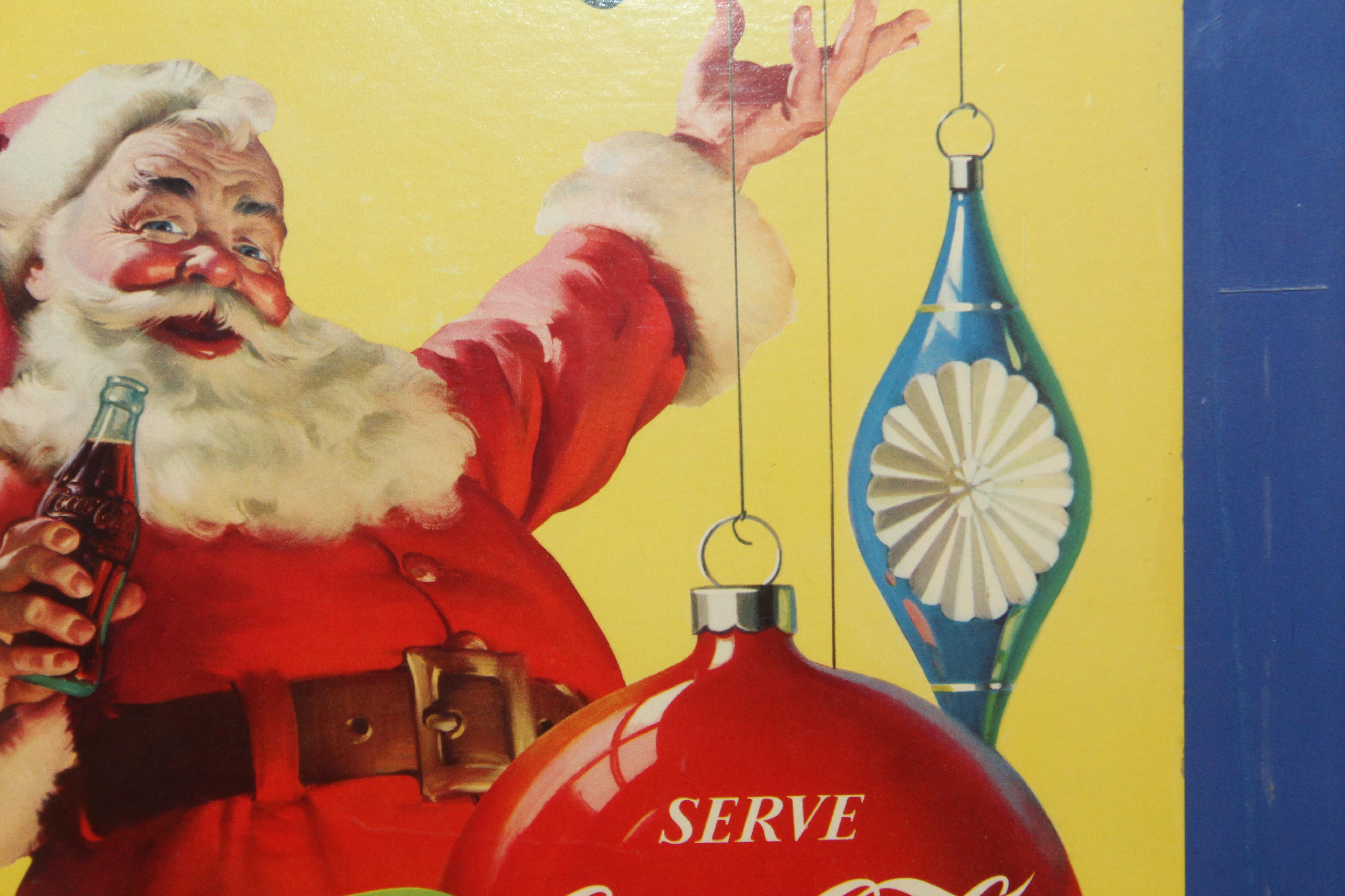 1954 Original Coca-Cola Cardboard Santa Advertising Sign Framed In Fair Condition For Sale In Orange, CA