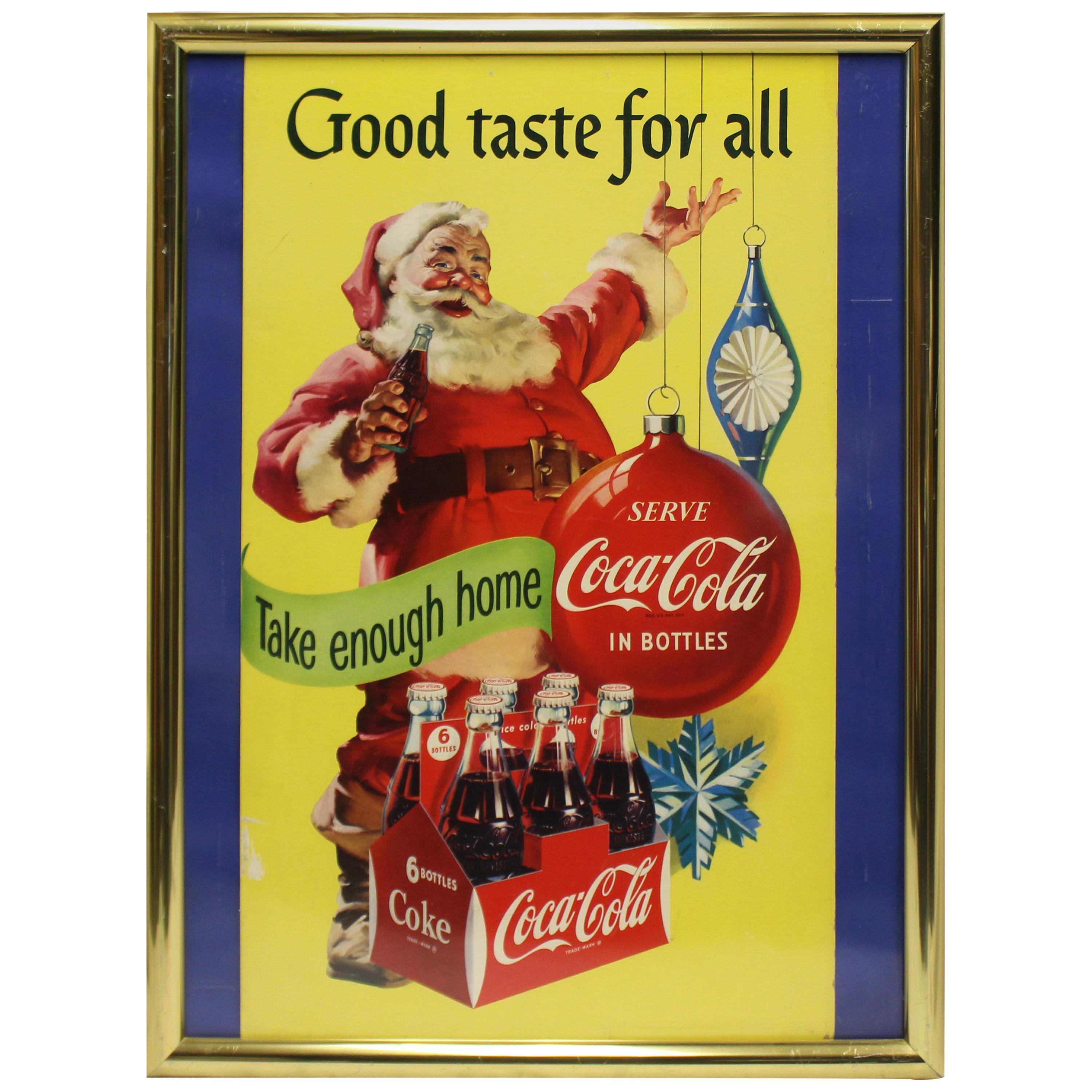 1954 Original Coca-Cola Cardboard Santa Advertising Sign Framed For Sale