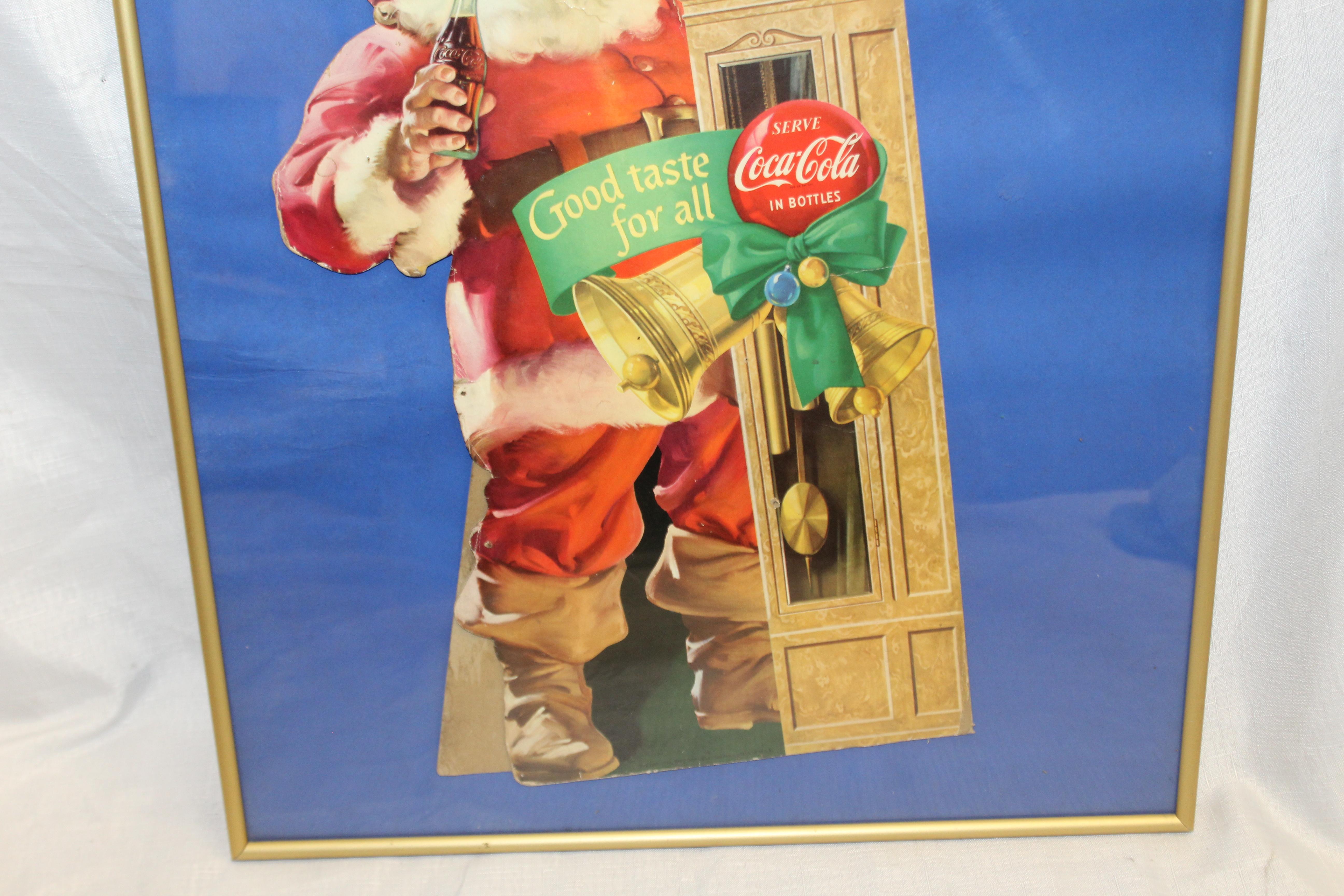 1954 Original Coca-Cola Santa Cardboard Cut-Out Advertising Framed In Fair Condition For Sale In Orange, CA