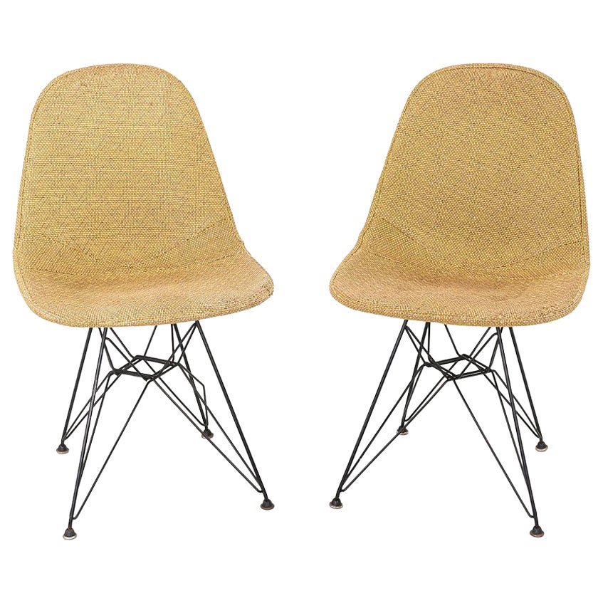 1954 Pair of Eames Herman Miller DKR-1 Chairs with Eiffel Bases in Hopsack