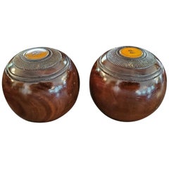 Vintage 1954 Pair of English EJ Riley Lignum Vitae Lawn Bowls