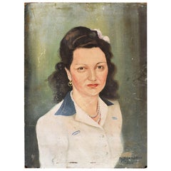 Retro 1954 Portrait Painting of a Woman on Board in Green