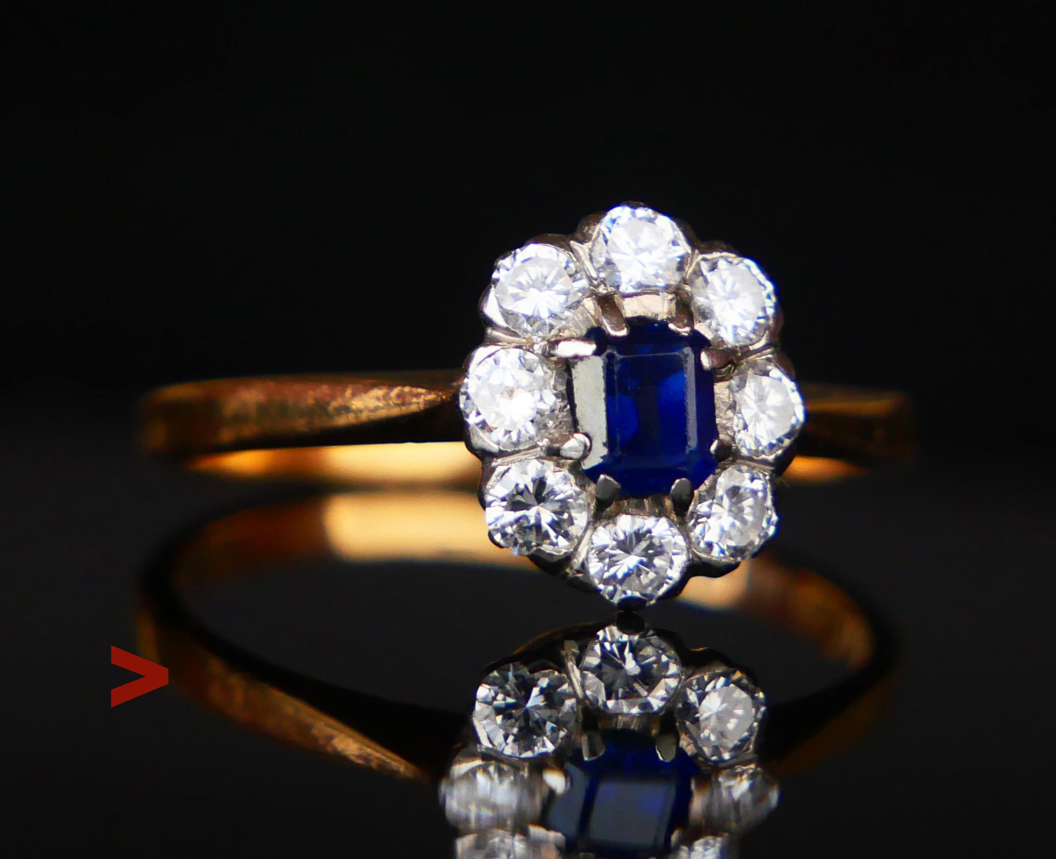 Vintage Ring in solid 18K Yellow Gold with natural Blue Sapphire and 8 Diamonds in White Gold / or Platinum settings.

Swedish hallmarks, 18K, crowned head (Stockholm).  Year combination D9 / hand - made in 1954.

Floret/ crown measures  9.75 mm x